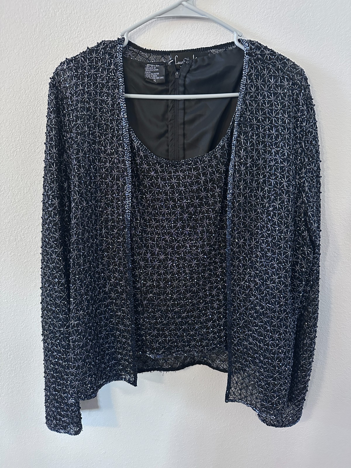 Vintage Laurence Kazar silk sequineed sheer black and silver top and jacket XL