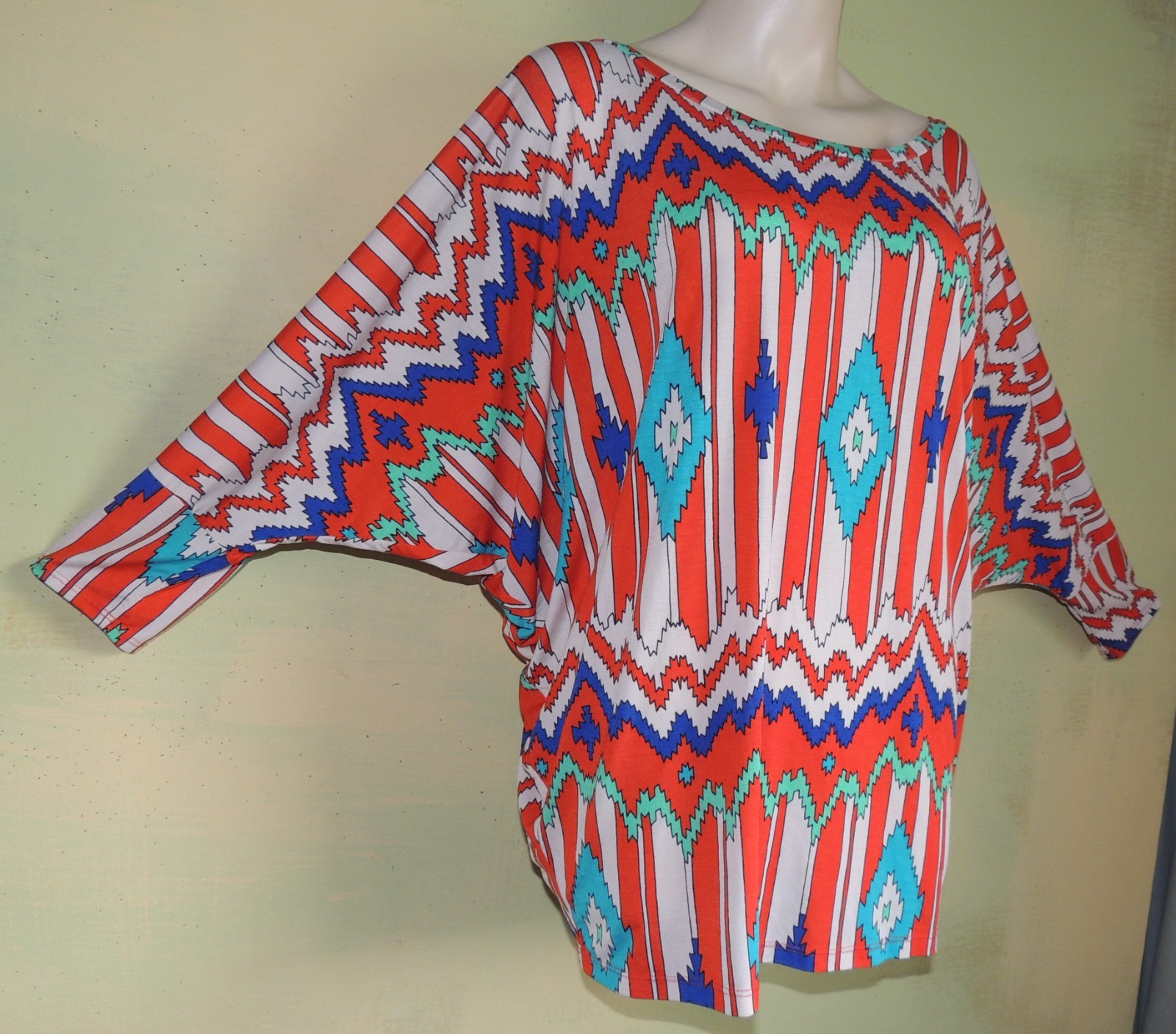 Vintage 80s Batwing Top: Tribal Print, Disco Party Shirt