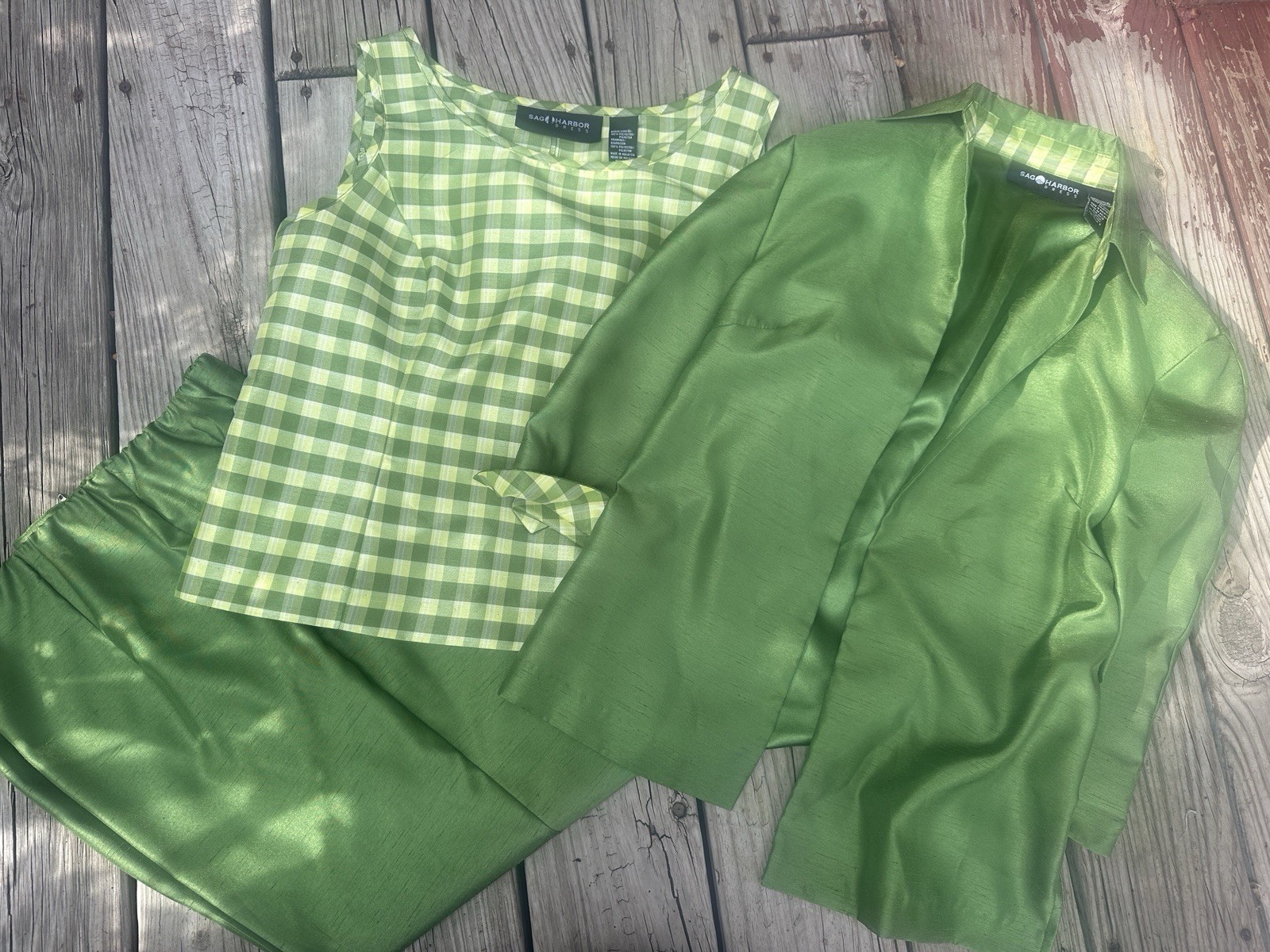 80s does 50s Green Dupioni Three-Piece Sag Harbor Outfit, Size 8