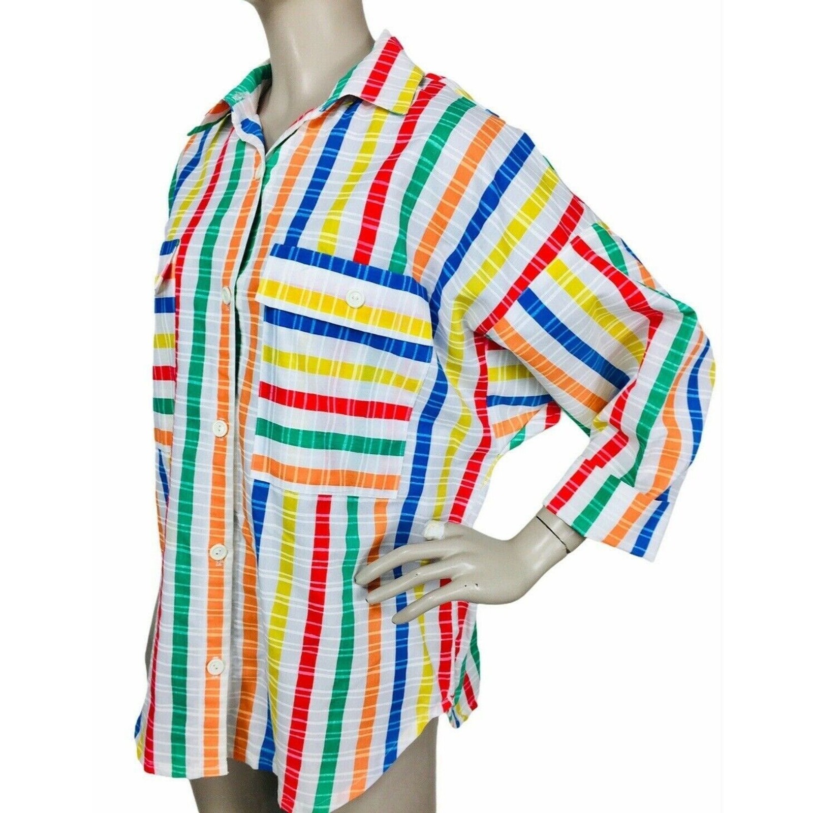 Vintage 60s 70s Jon Woods Rainbow Striped Collared Button-Down Shirt Medium
