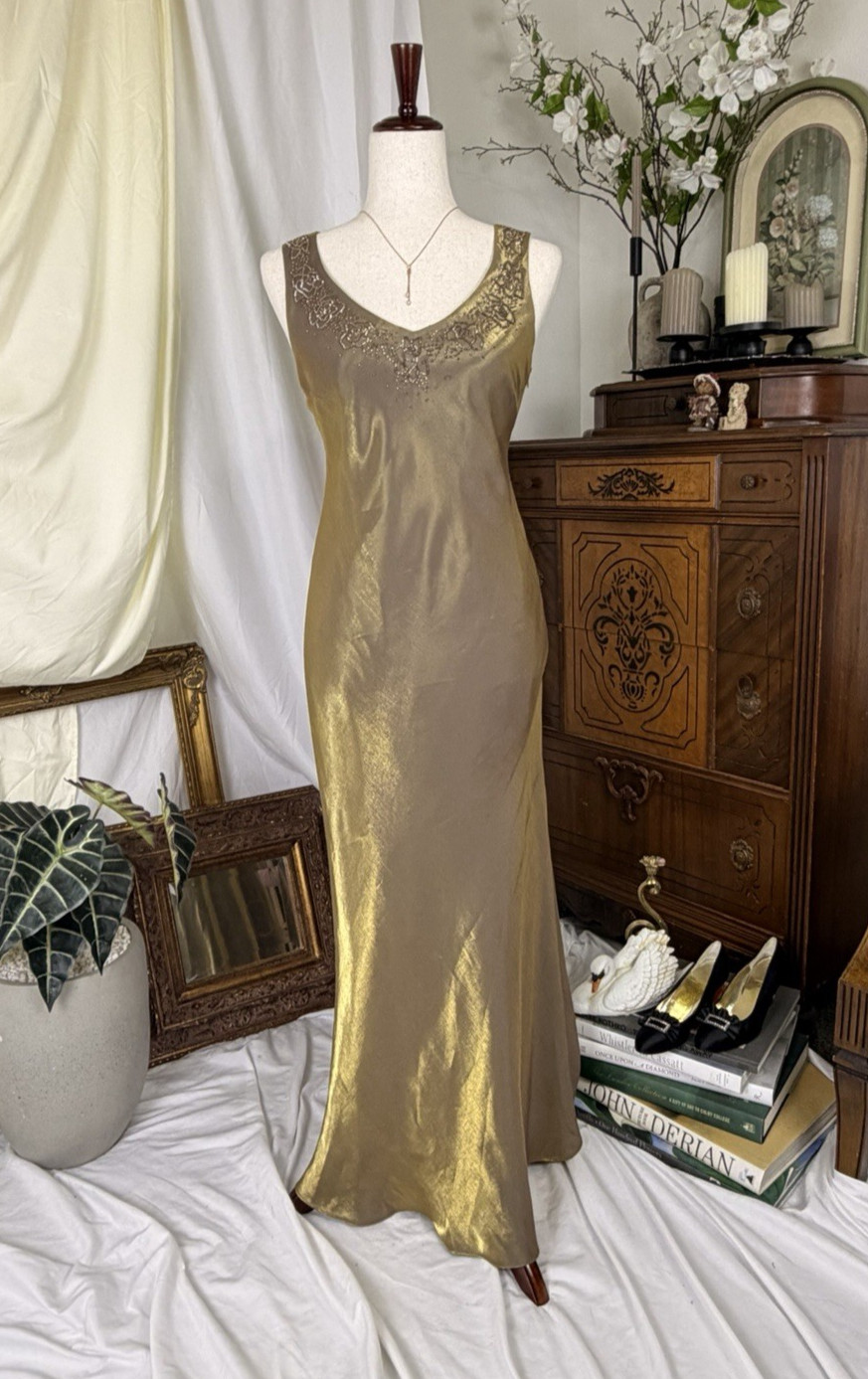 VTG 90s Alex Evenings Liquid Metallic Gold Slip Dress Gown Maxi Prom 4 Formal