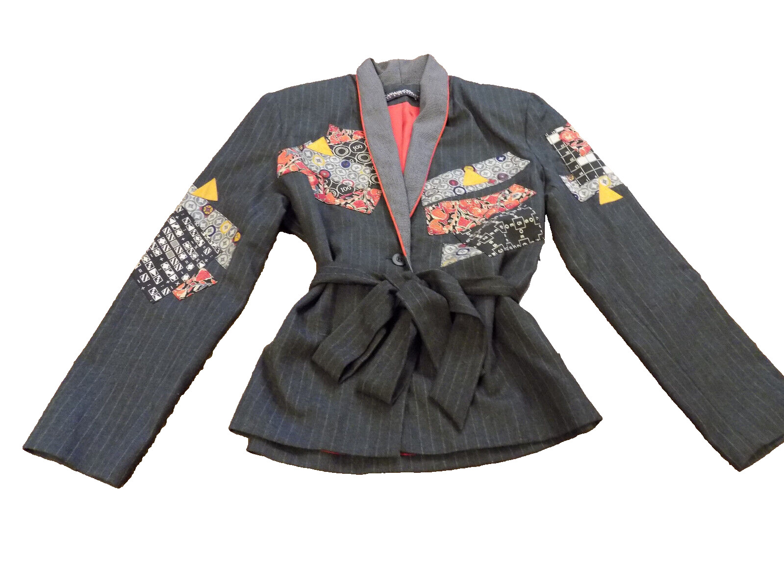 Vtg Canvasbacks Art to Wear Patchwork Blazer Pinstripe Gray Belt Suit Jacket XS