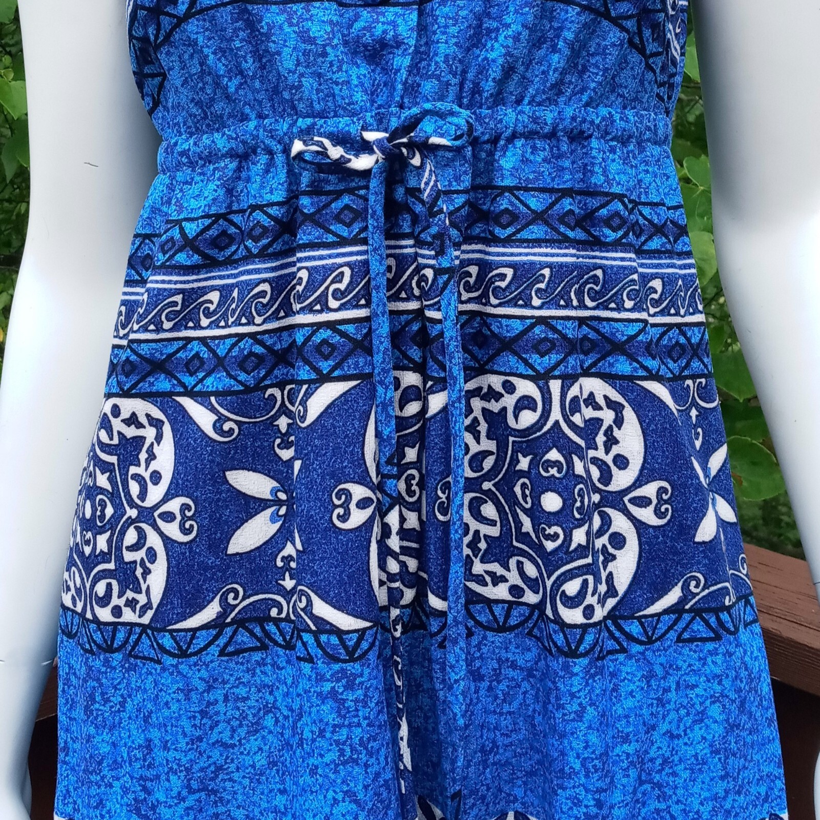 Penneys Hawaii VTG Small Barkcloth Maxi Dress Blue Tropical Sleeveless Collared