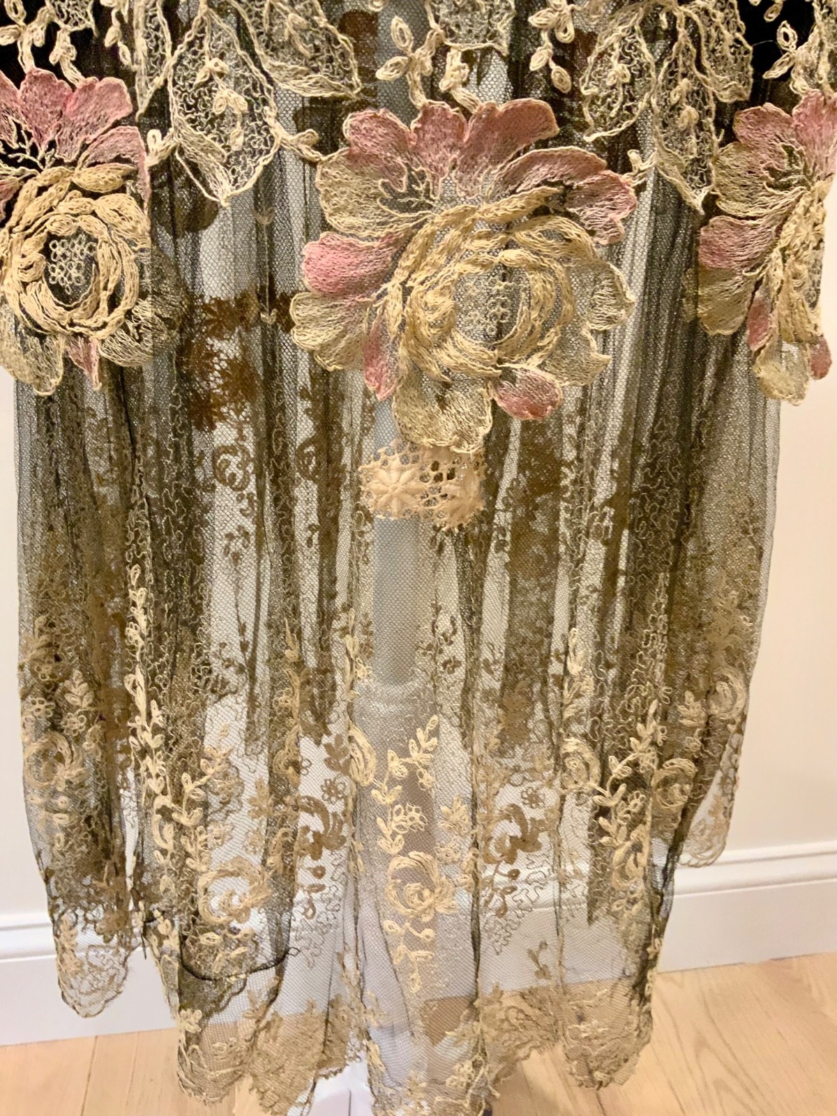 Rare 1920s French Lace Dress. Black Net & Pink Floral Embroidery. Restored S