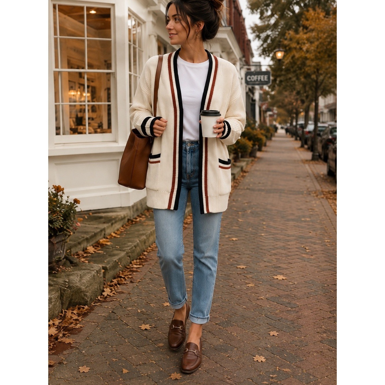 OAT New York Ivory Varsity Stripe Chunky Knit Cardigan XS Coastal Preppy Grandpa