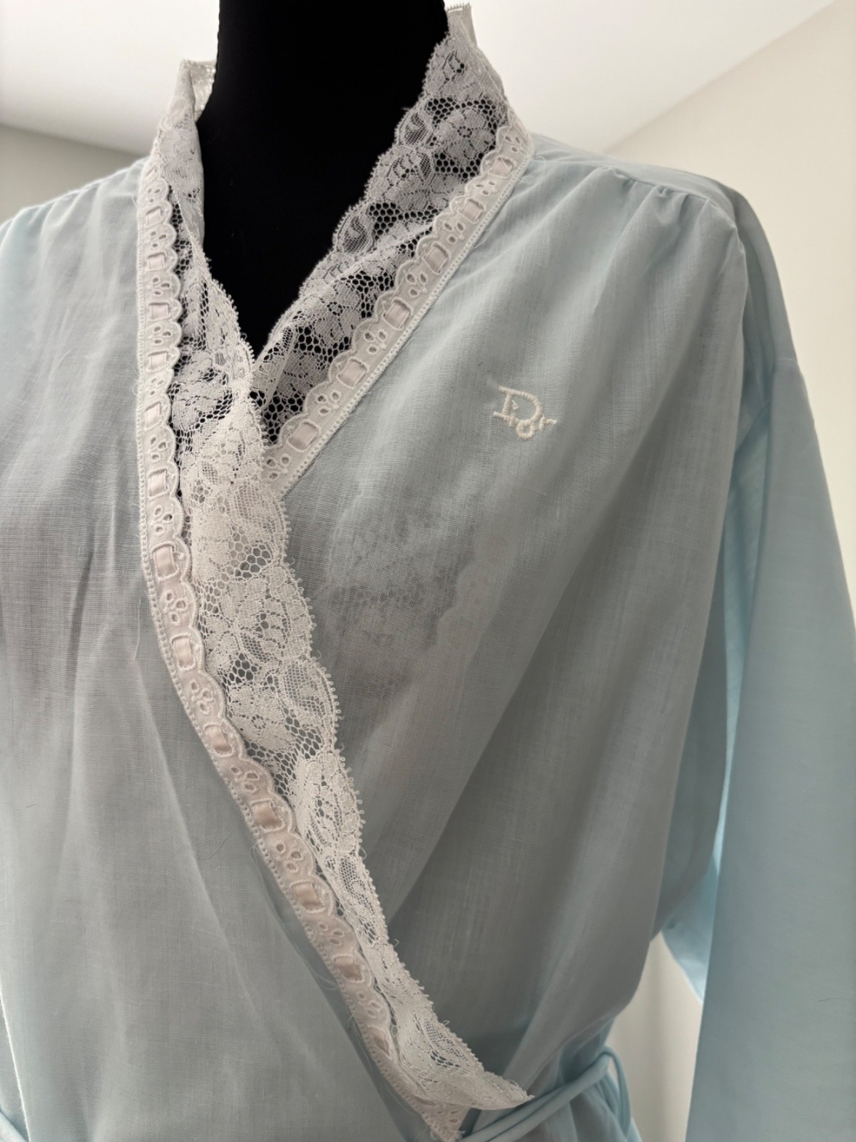 Vtg 1970s/1980s Christian Dior Lingerie Powder Blue Peignoir Robe Nightgown Set