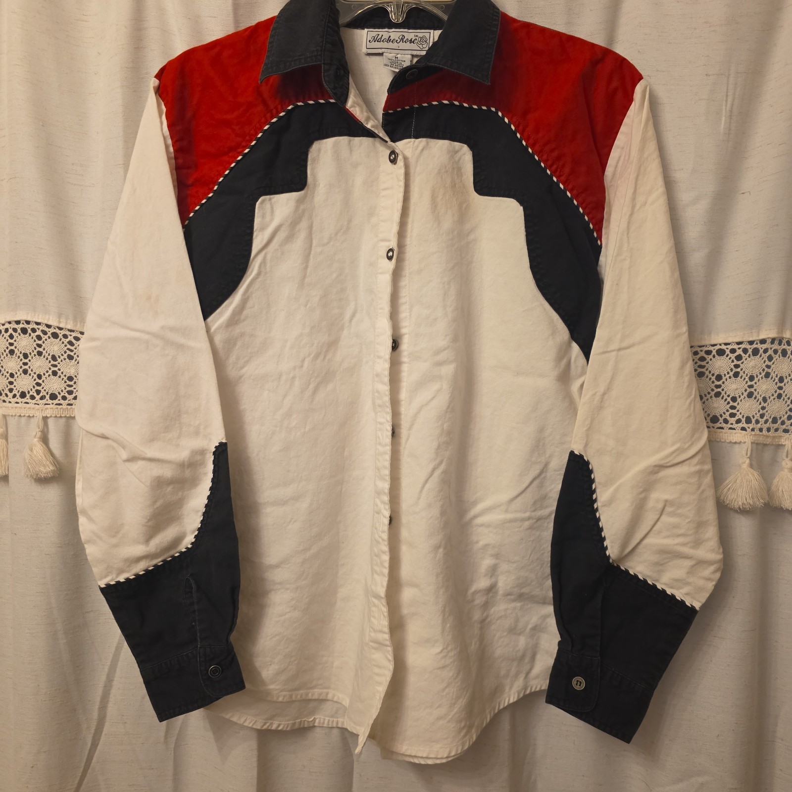 Vintage Adobe Rose Western Shirt Red White & Black Size M, 100% Cotton