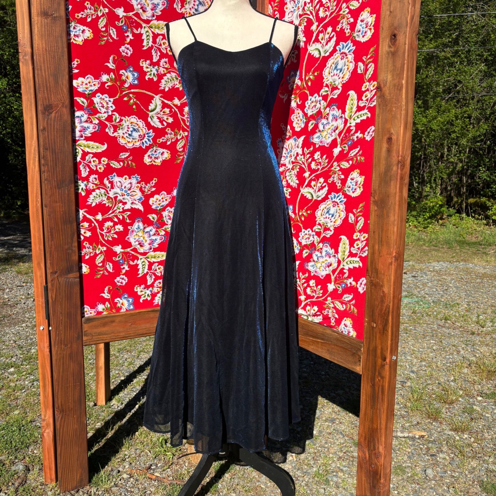 VTG Black+Blue Iridescent Whimsigoth Formal Wedding Guest Maxi Dress Size S
