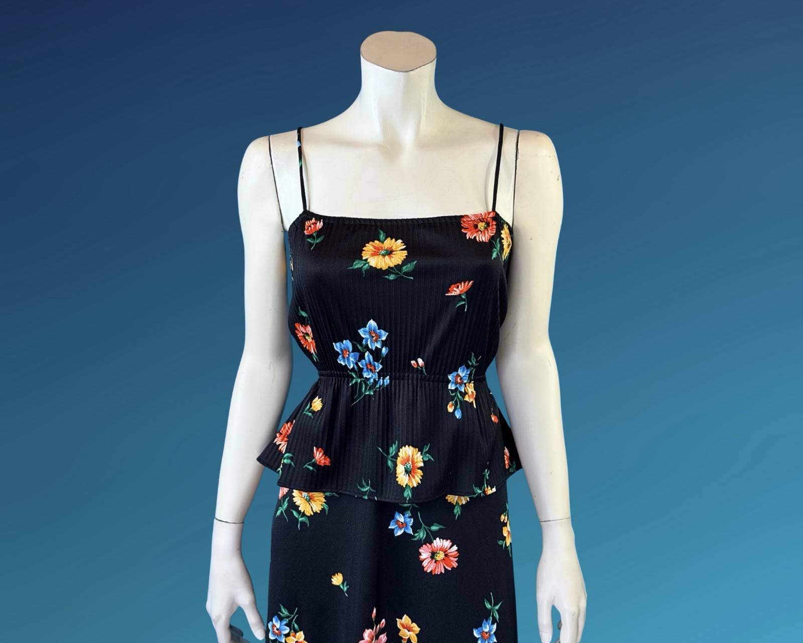 70s Boho Black Floral Print Peplum Maxi Sundress / S XS