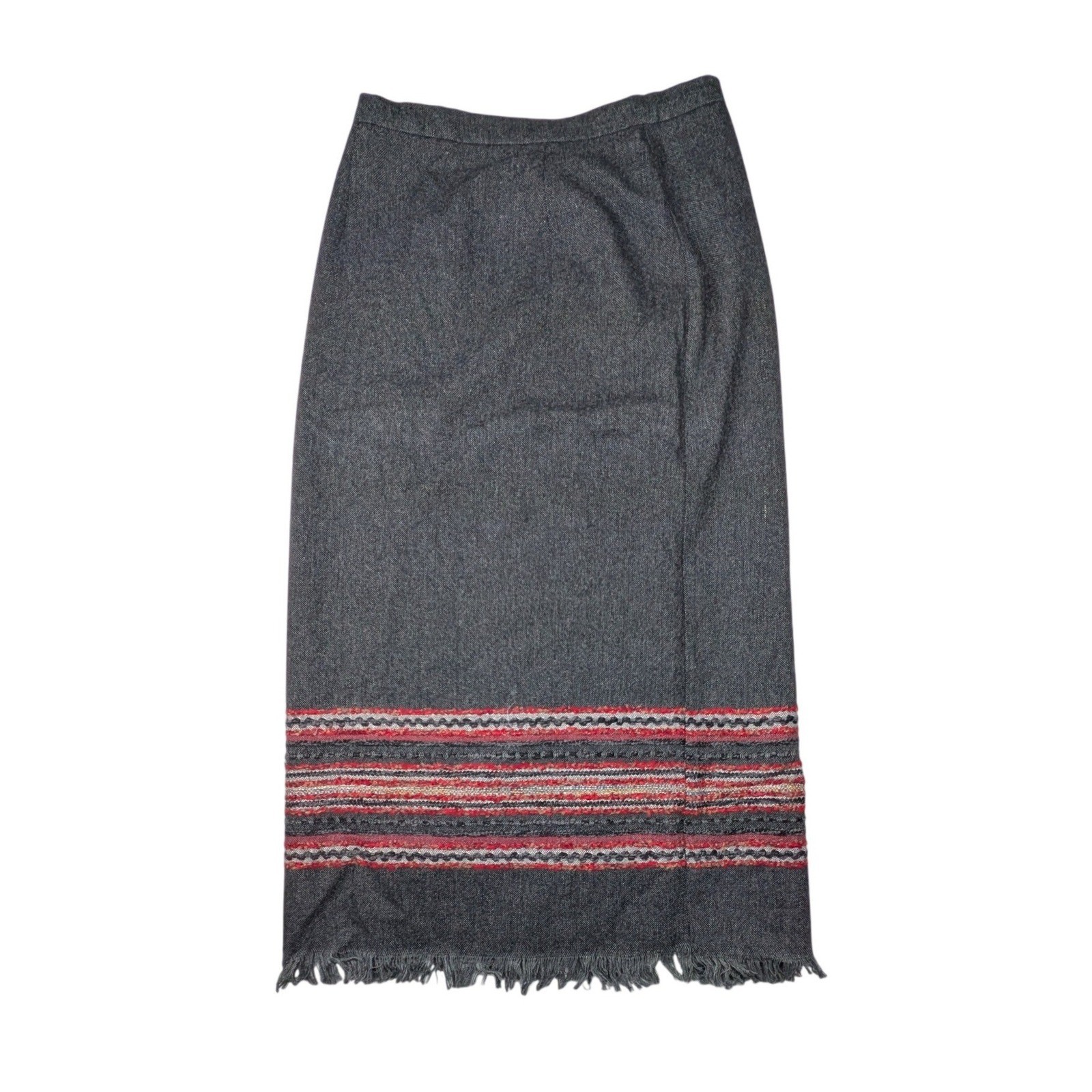 Sag Harbor Petite Vintage Wool Blend Maxi Skirt Gray Red Fringed Tweed 4P