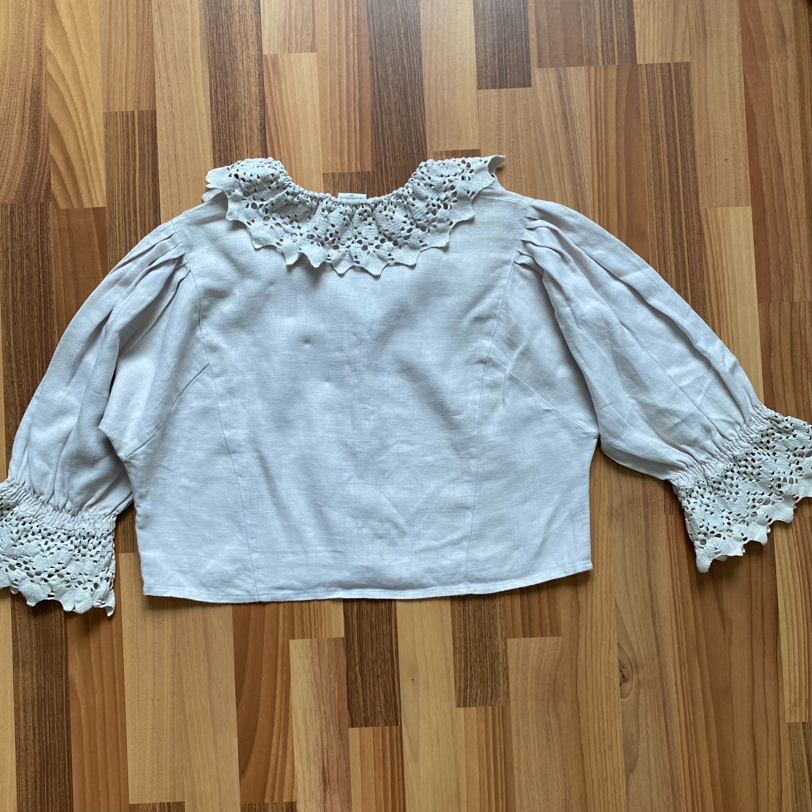 HESS FRACKMANN Linen Blouse Button Front Peasant Folk Edwardian Puff Sleeves 42