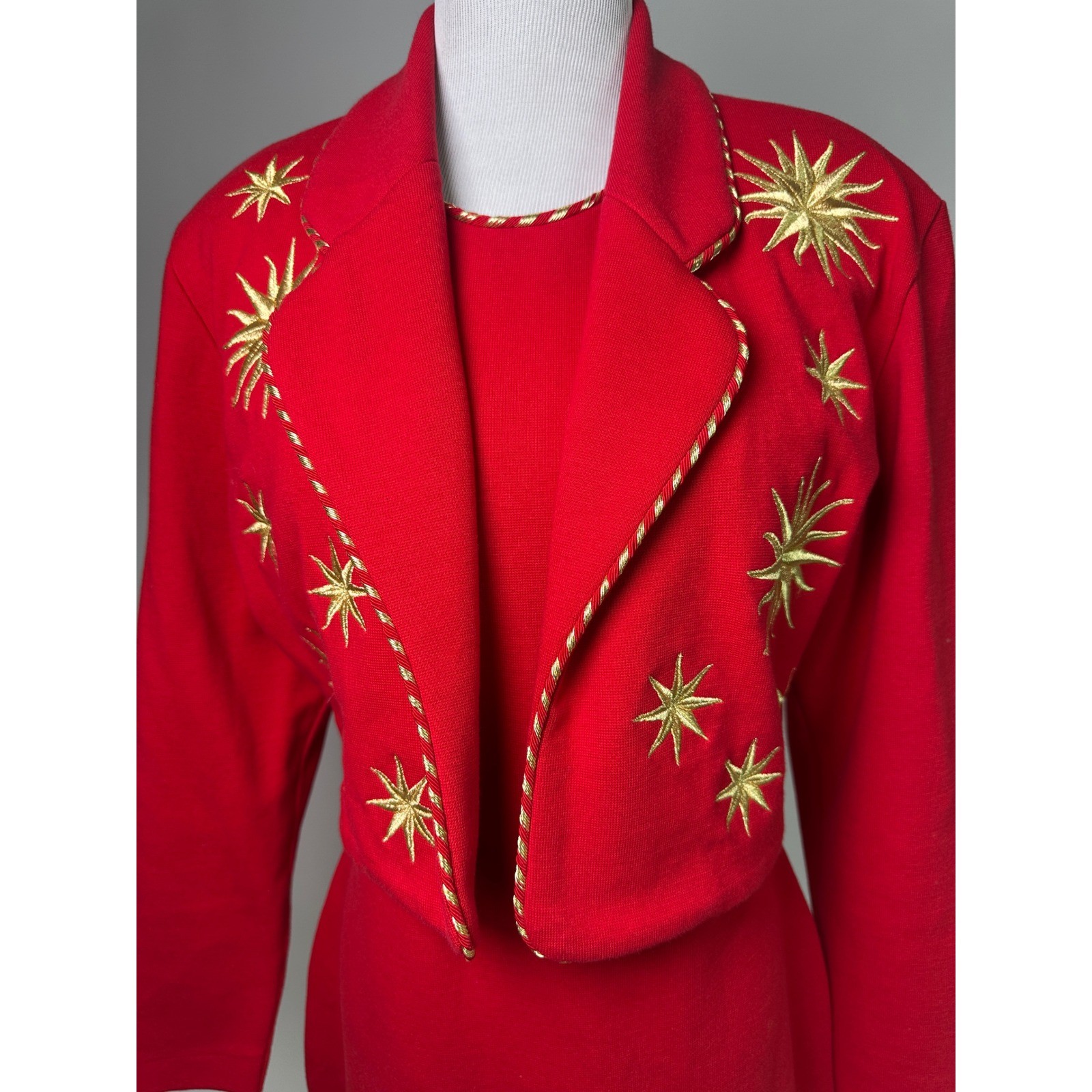 Vintage Andrea Jovine 80s Dress Jacket Set Red Gold Star Embroidery Western Glam