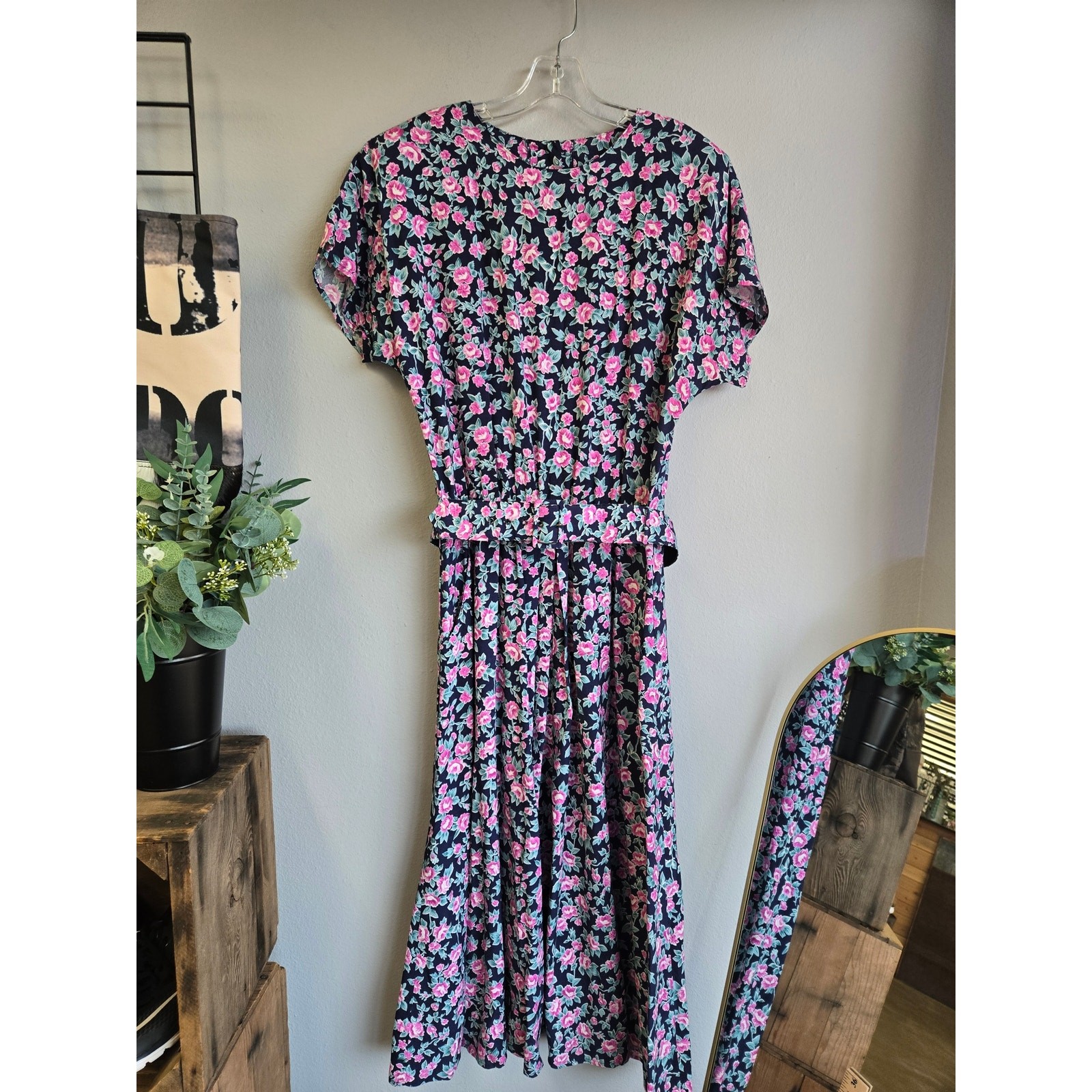 Paquette Too! Floral Vintage 90s Rayon Belted Midi Dress Pink Navy Size 12