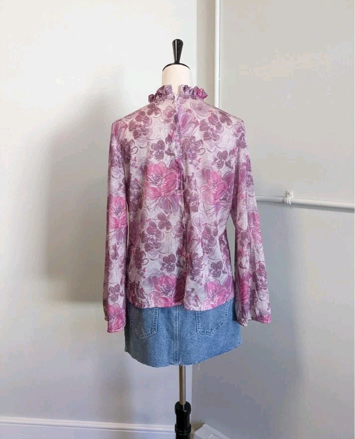 Vintage 70s D Allaird’s Blouse Womens Large Pink Floral Ruffle Neck Tie Top