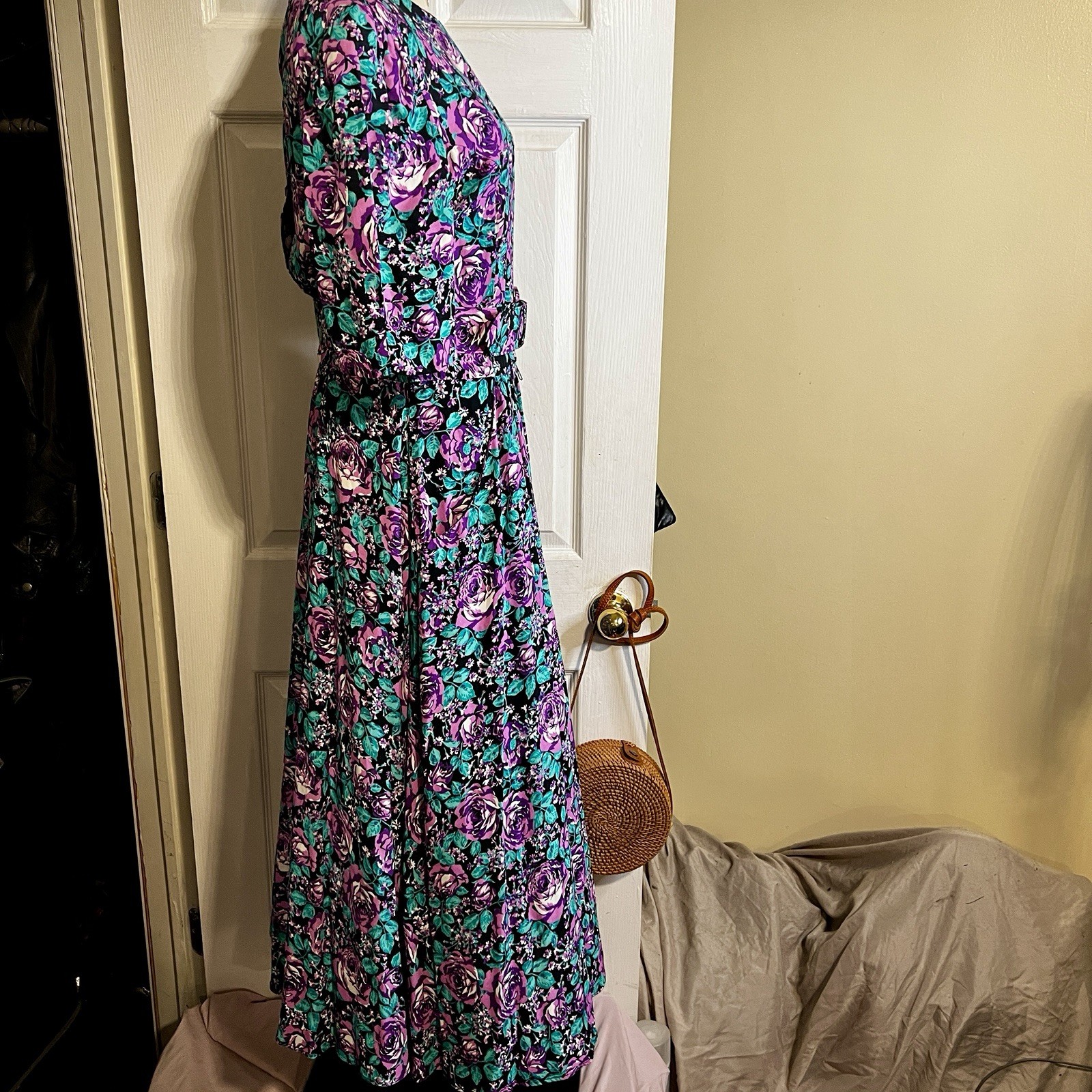 SL Fashions Vtg 90s Floral Belted Pleated Puff Sleeve Fit&Flare Maxi Dress 12
