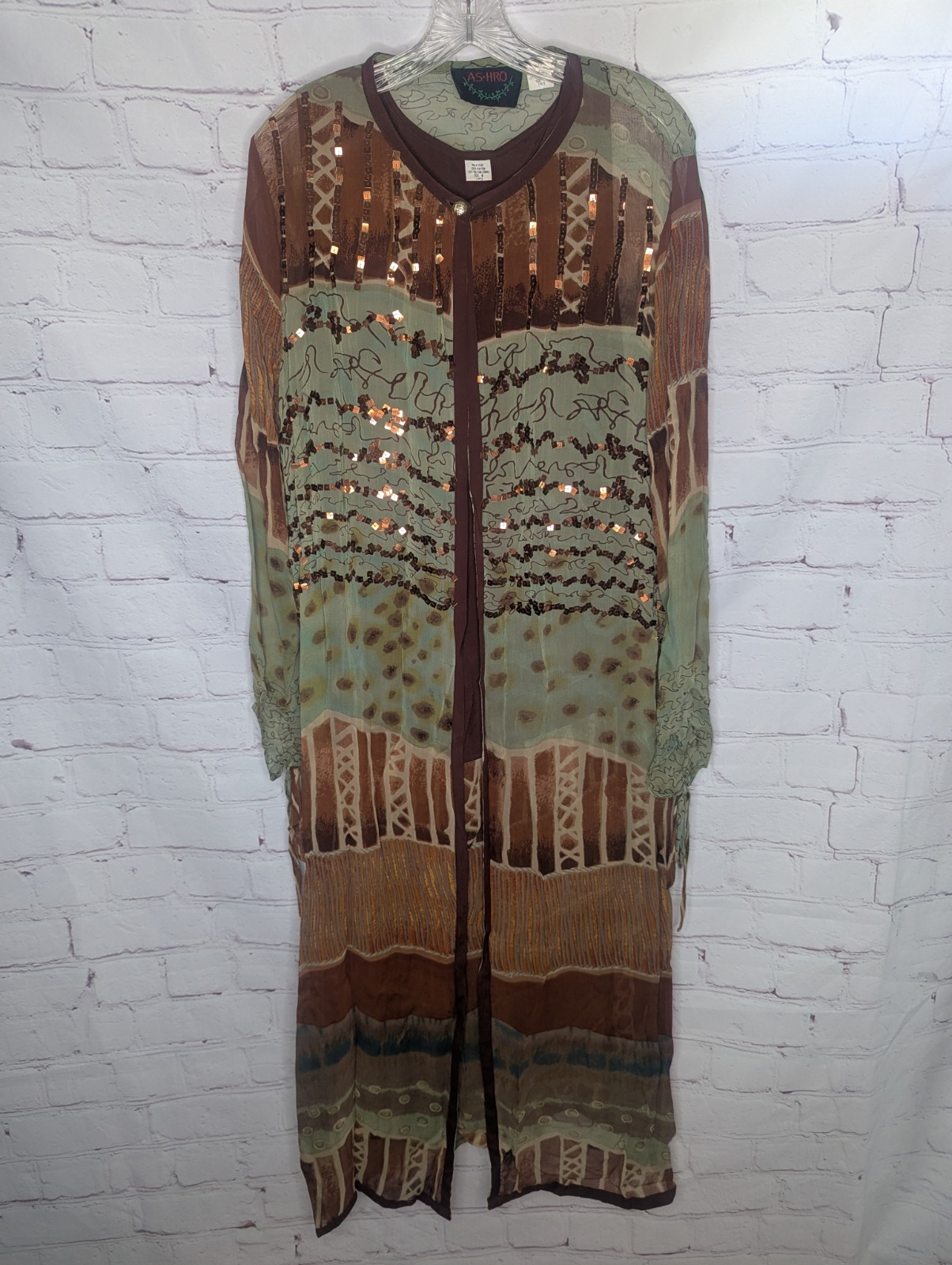 ASHRO 2 Piece Long Dress/Duster Jacket Set Brown Green Copper Size M