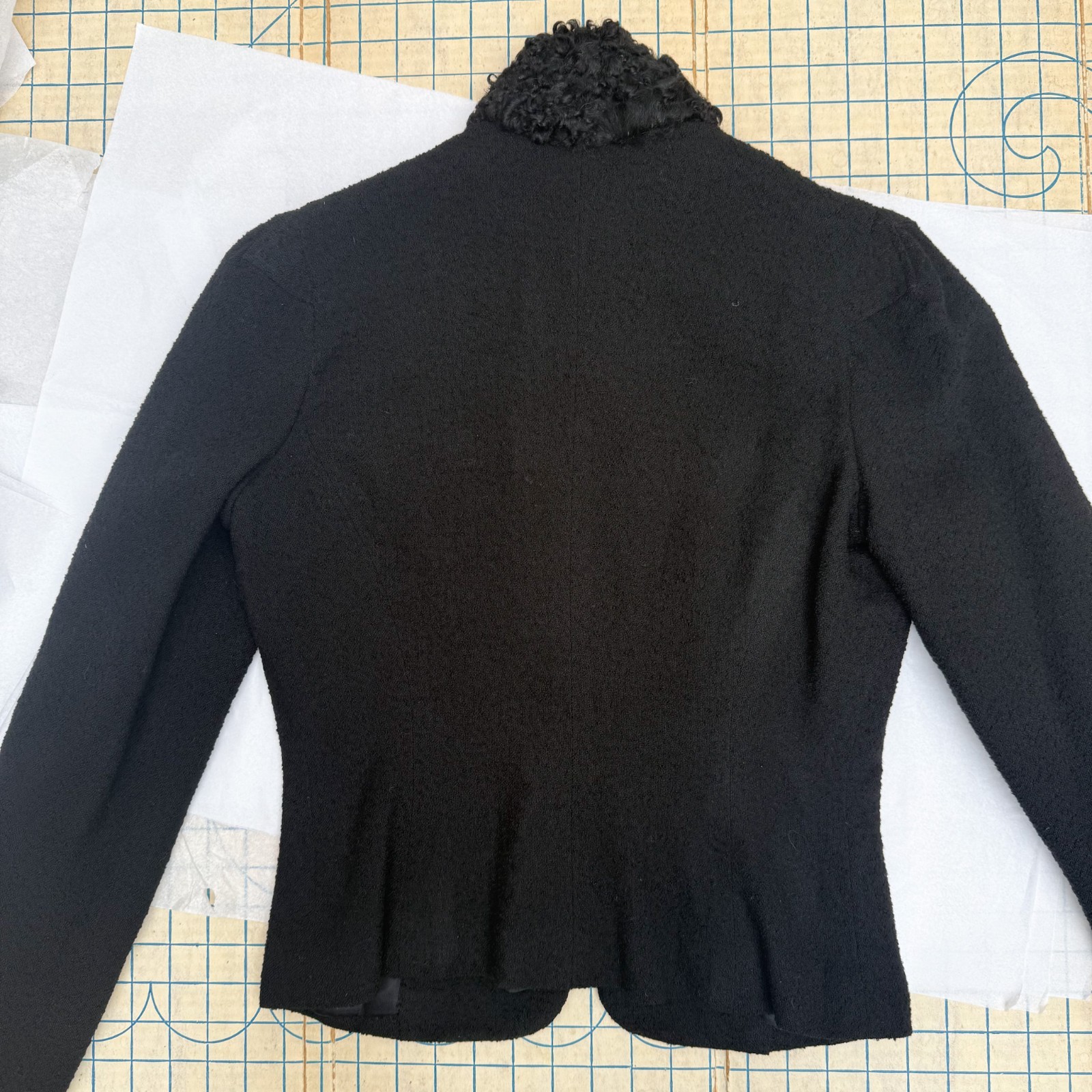 Antique Victorian Mourning Jacket Black Wool Astrakhan Fur High Collar Gothic XS