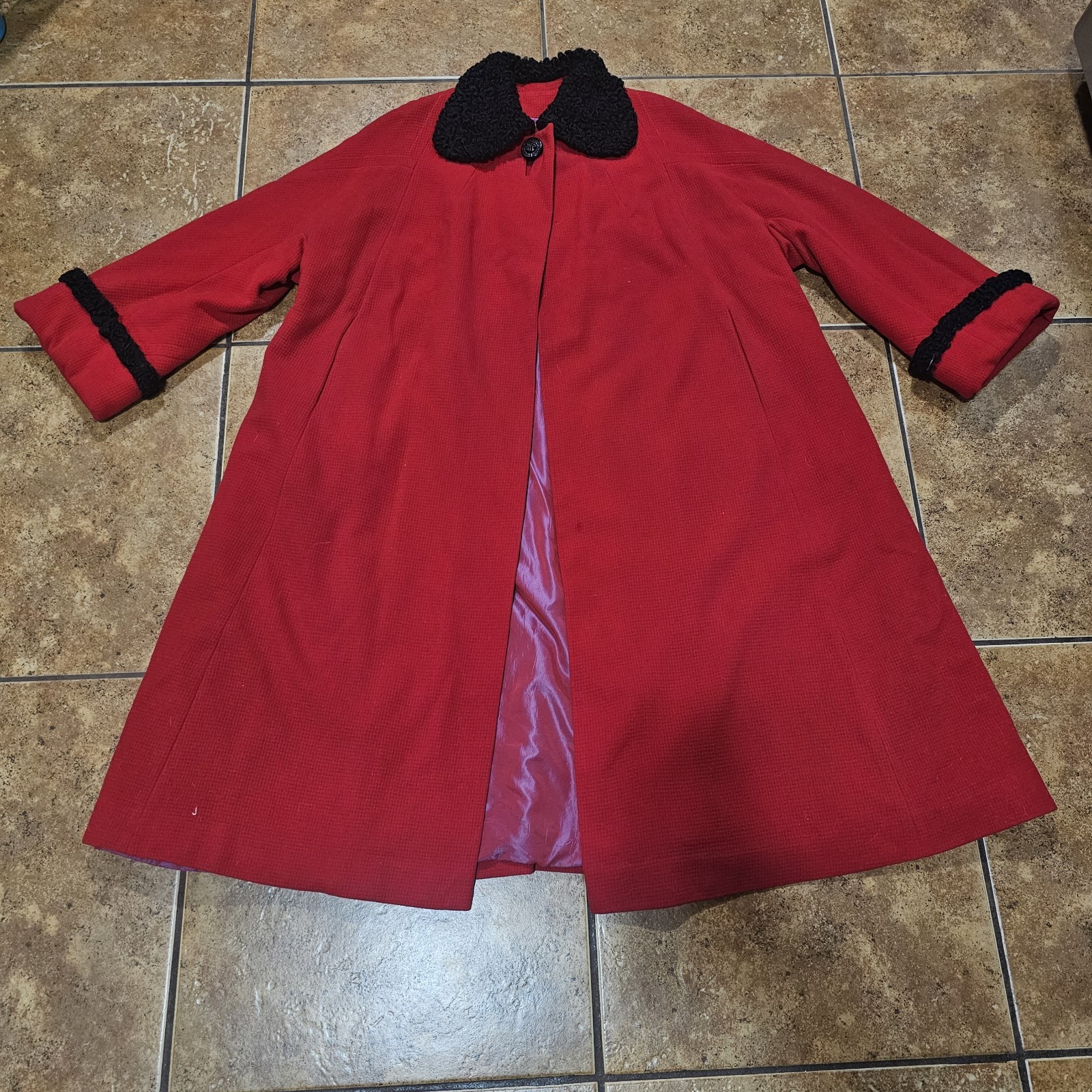 Vintage 50s Coat Jaunty Juniors Berlou Moth Proofed Red Black Oversized Wool