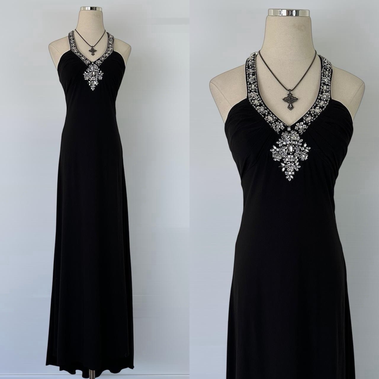Vintage 90s Black Open Back Mesh Sequin Beaded Halter Formal Evening Dress Prom