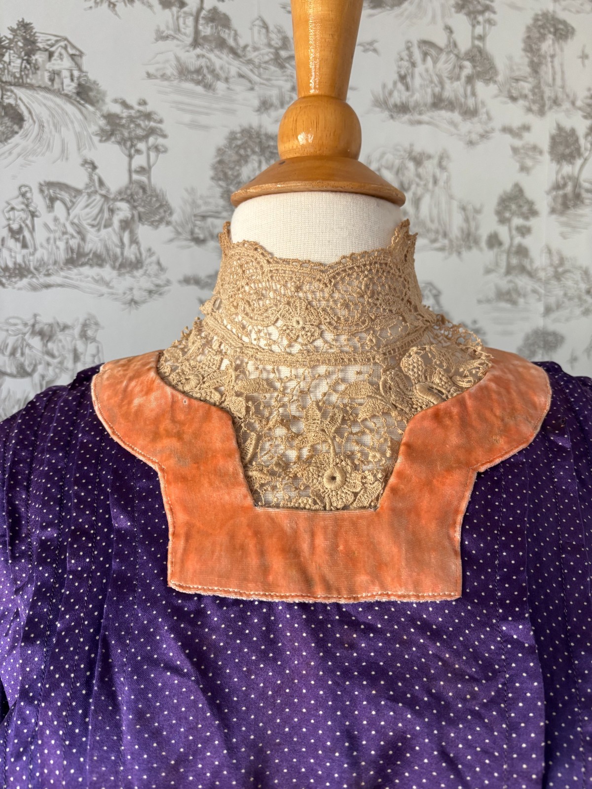 Rare Antique 1900s Edwardian Purple Silk Blouse Lace High Neck and Peach Velvet