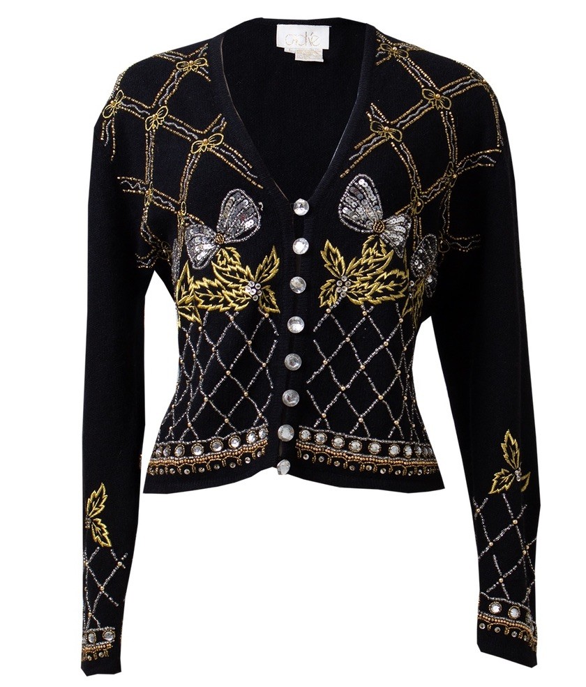 VTG 90s Cache Cardigan Beaded Sequin Embroidery Bows Gold Silver Festive Chic• L
