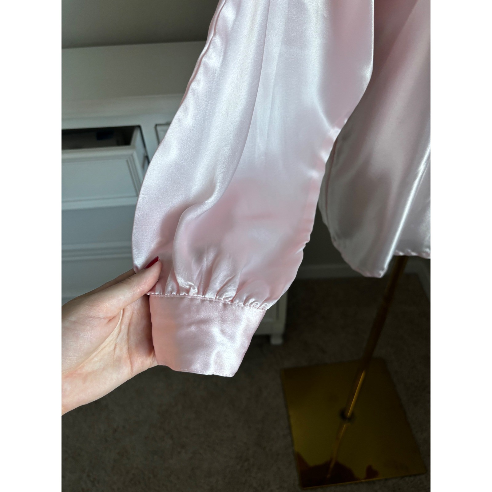 Vintage Rik Rak Pink Satin Blouse Mock Neck Embroidered Cut Out Beaded Top 14
