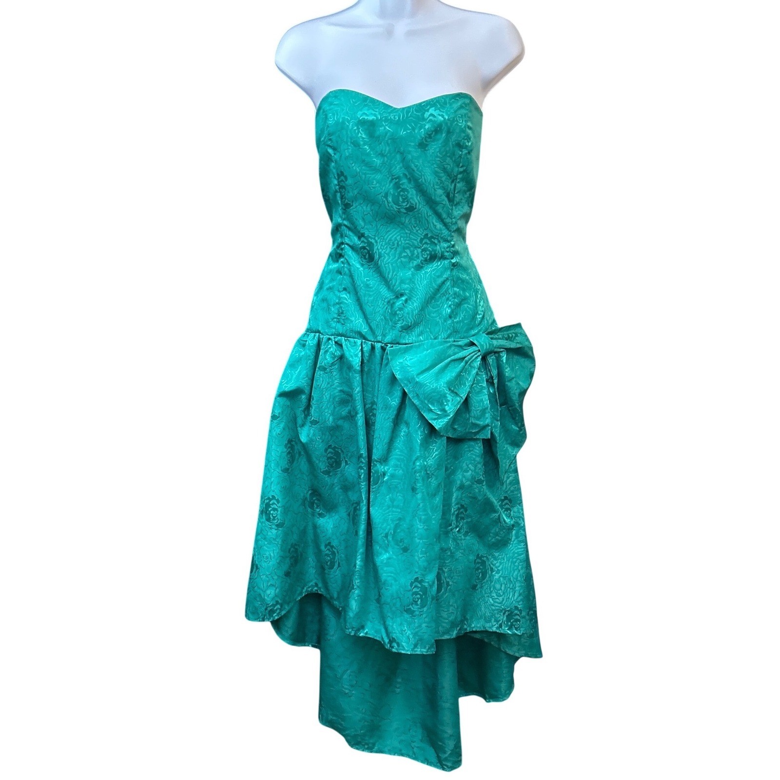 80s Vintage Strapless High-Low Gown Emerald Green Floral Jacquard Prom Bow Dress