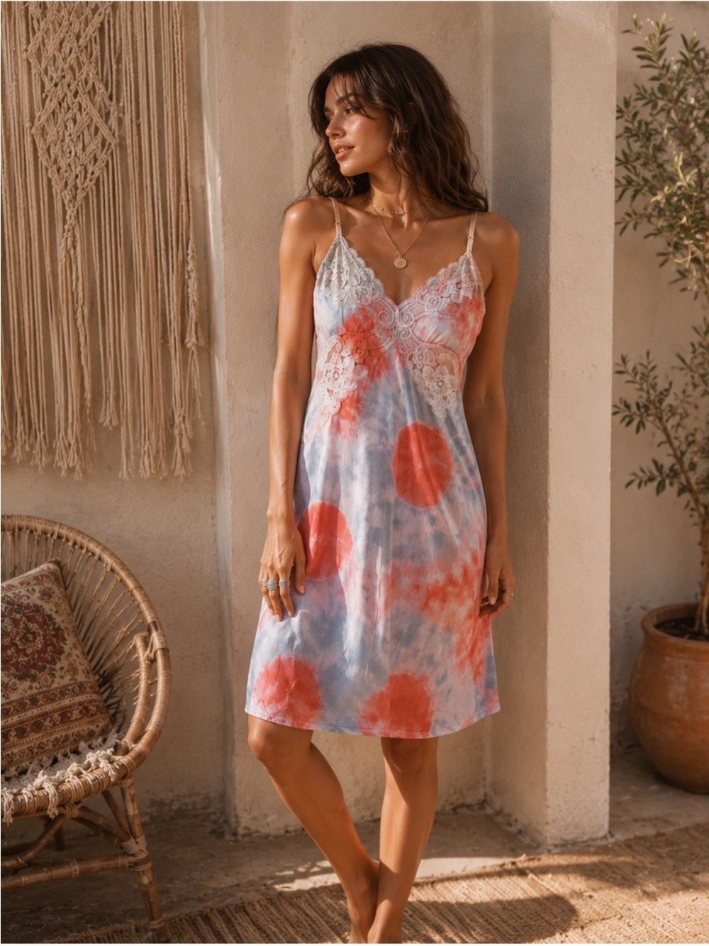 Vintage 90s Coral Blue Circle Tie Dye Slip Dress Upcycled Sundress XS S