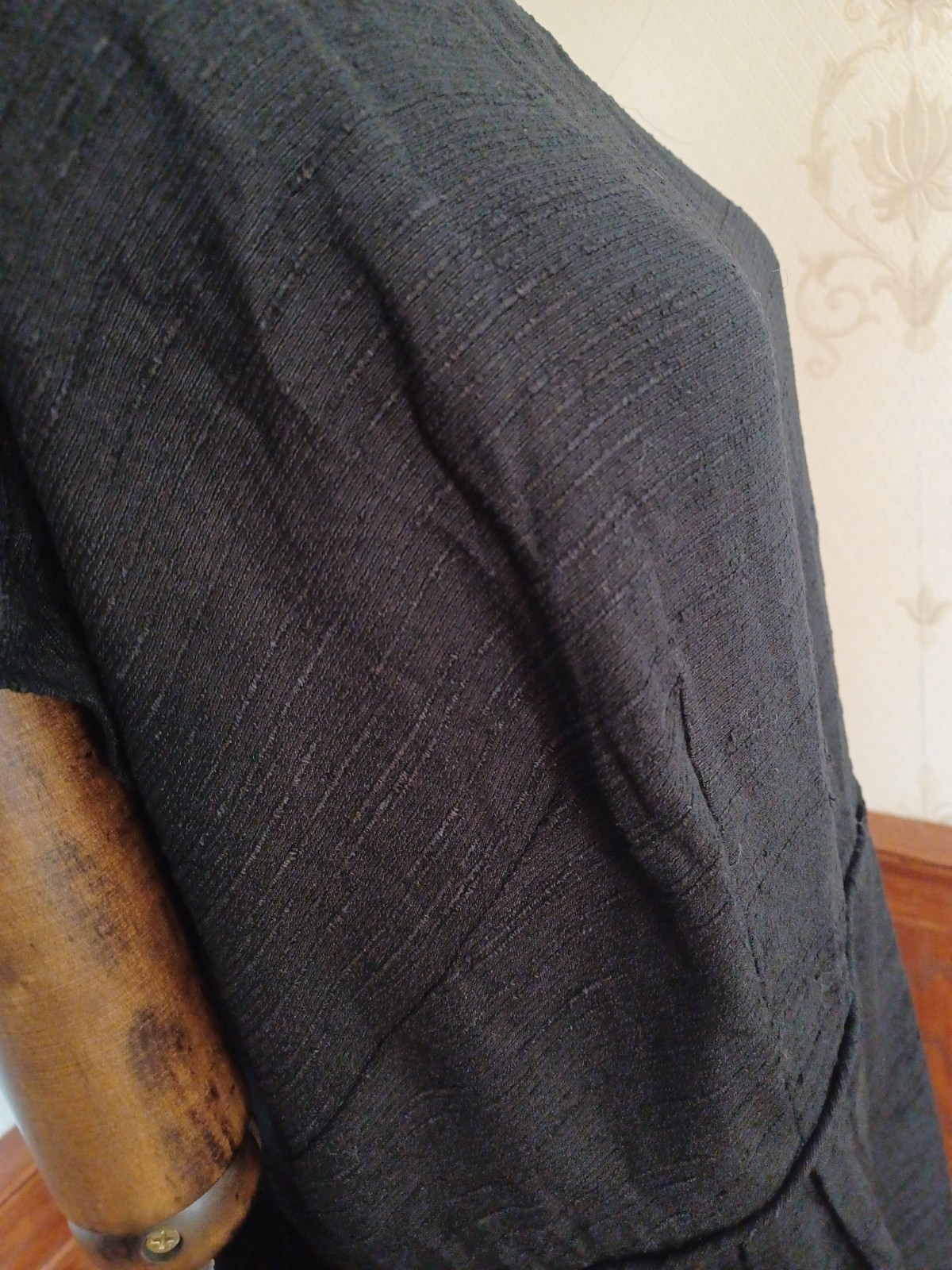 Vintage Mid-century Slubbed Black Cotton Little Black Cocktail Dress, size XL