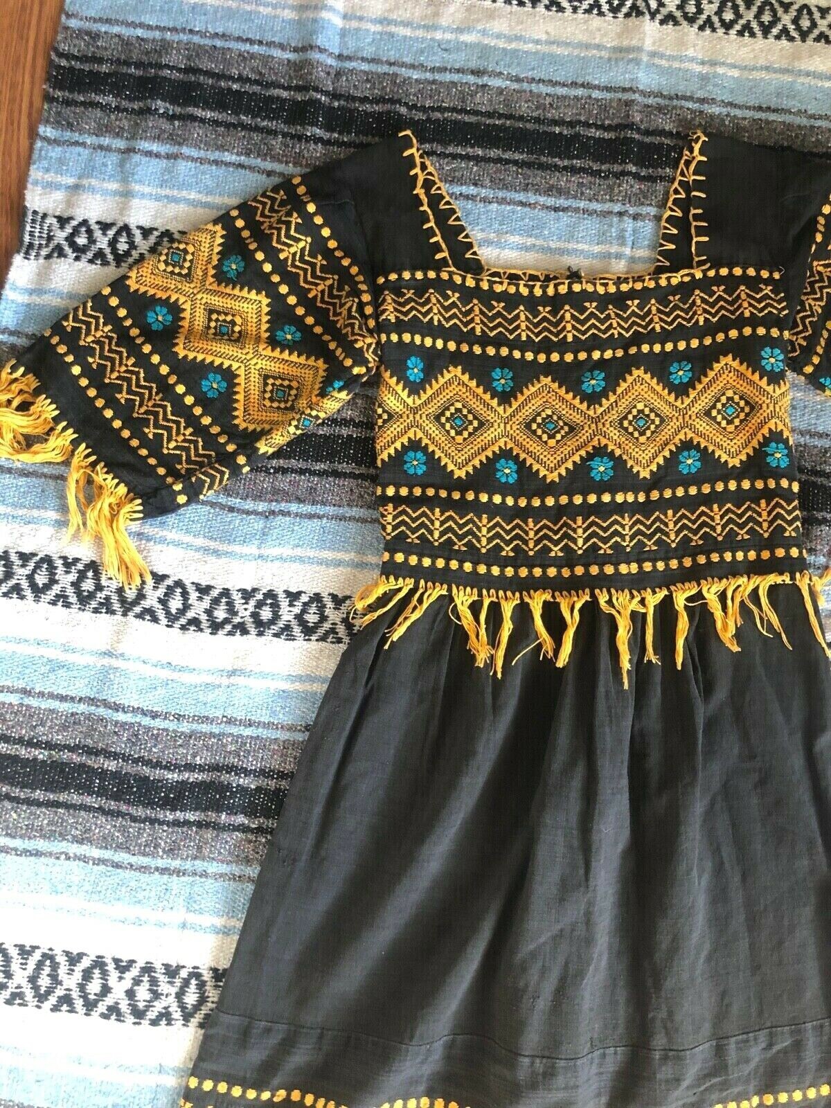 Dress M Vtg 70s Cotton EMBROIDERED FLORAL FRINGE Ethnic BOHO Mexican MIDI OOAK