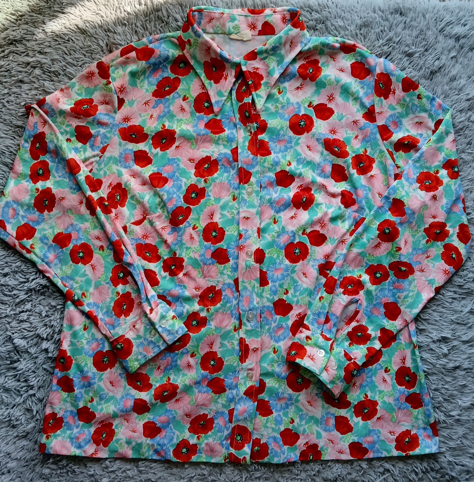 VTG 1970s Single Stitch Womens Large Colorful Floral Collared Button-Up Blouse