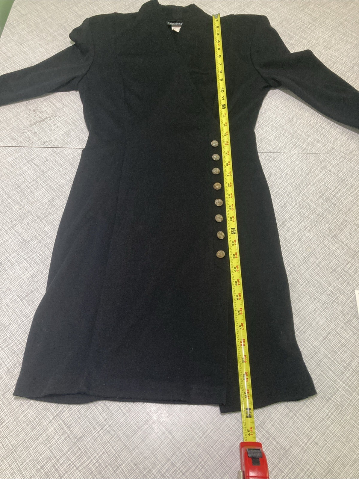 Vtg 80s All That Jazz Black Knit Dress Shoulder Pads Gold Button XS USA 5/6 LBD