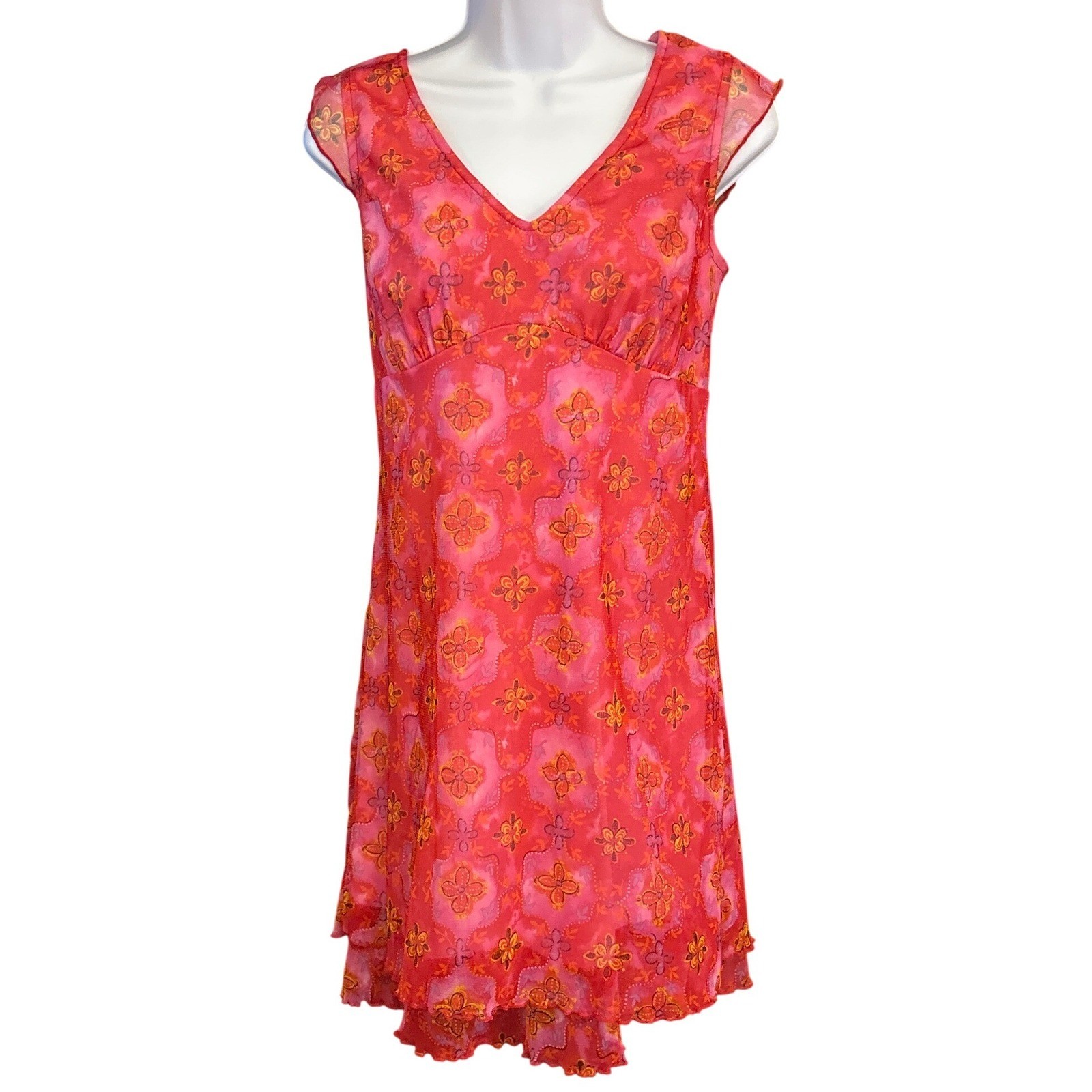 Vtg 2000s No Boundaries Mesh Floral Dress Y2K McBling Pink Orange Medium 7/9