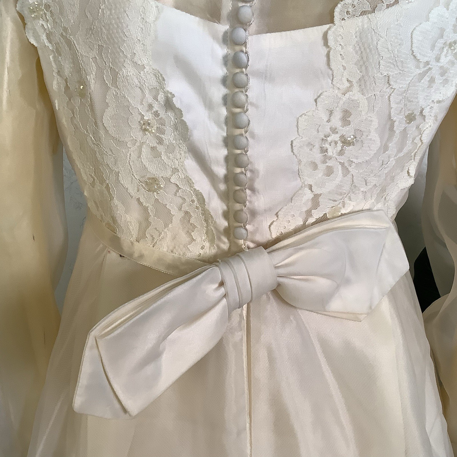 1970s Bridal Originals Regency Inspired Empire Waist Lace Wedding Dress & Train