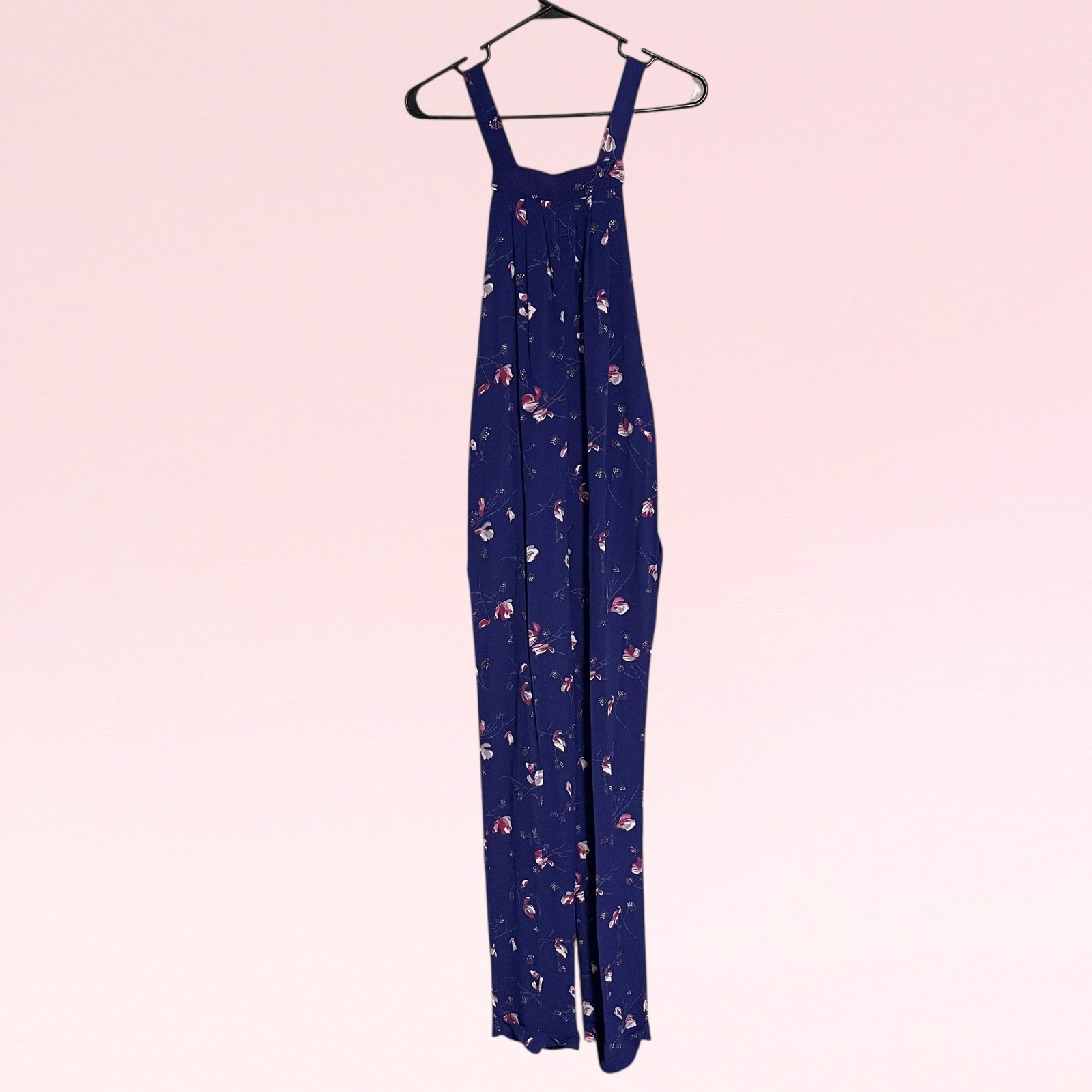 vintage 70s purple floral rayon pleated wide-leg hippie boho overall jumpsuit S