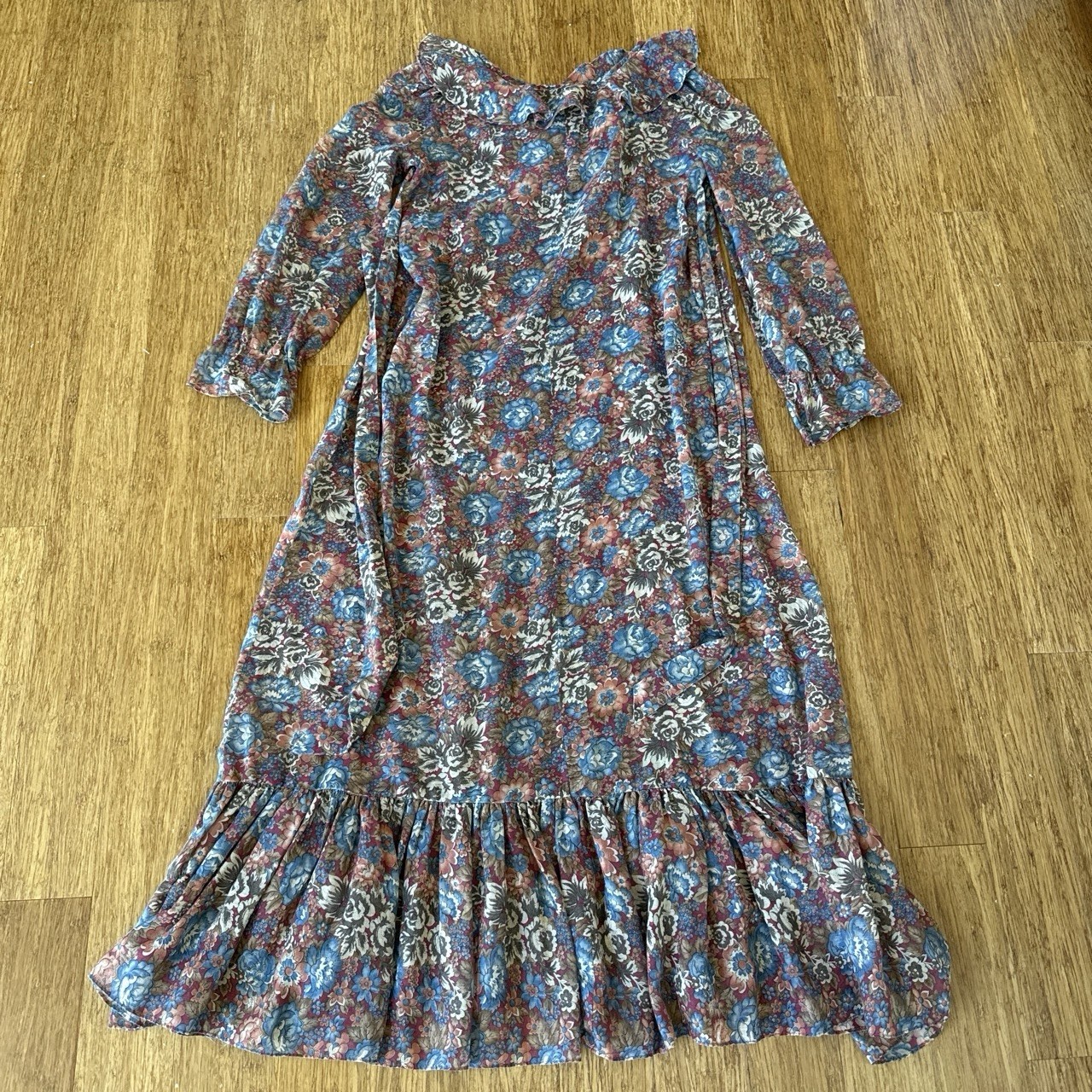 Vintage 1970S Cotton Voile Brown And Blue Floral Maxi Dress With Ruffle Hem