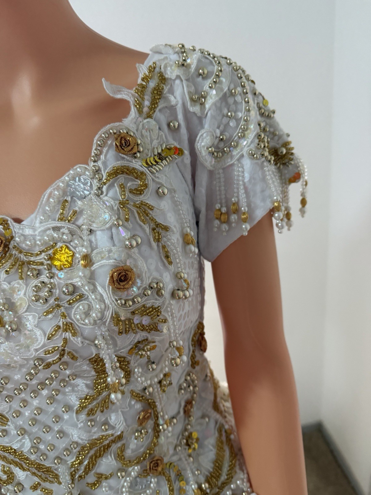 Vintage Ivory Gold Beaded Dress XS Formal Handmade Embellished Gow