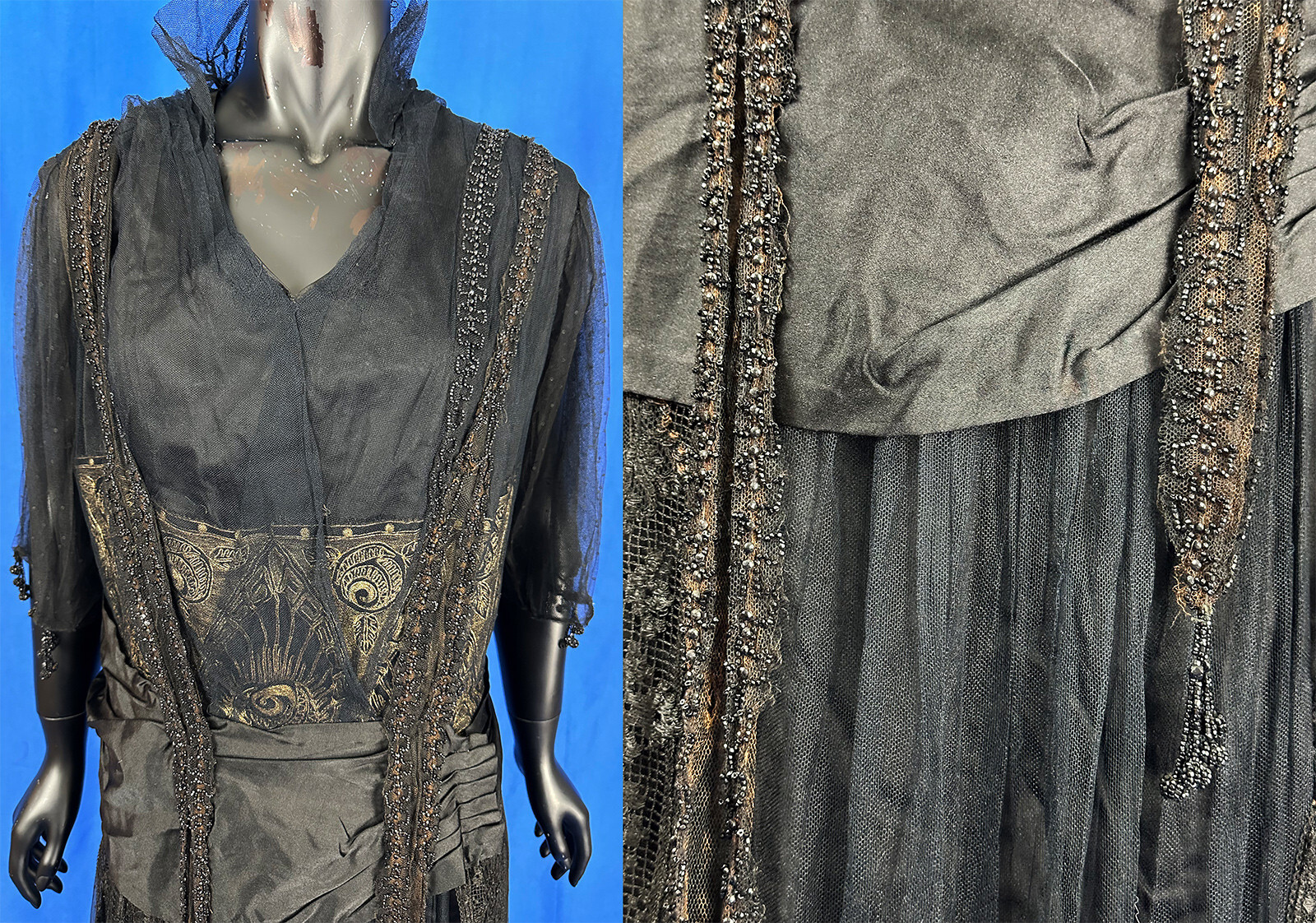 Vintage 1918 Black Swiss Dot Net Gold Lame Lace Jet Beaded Evening Gown Dress