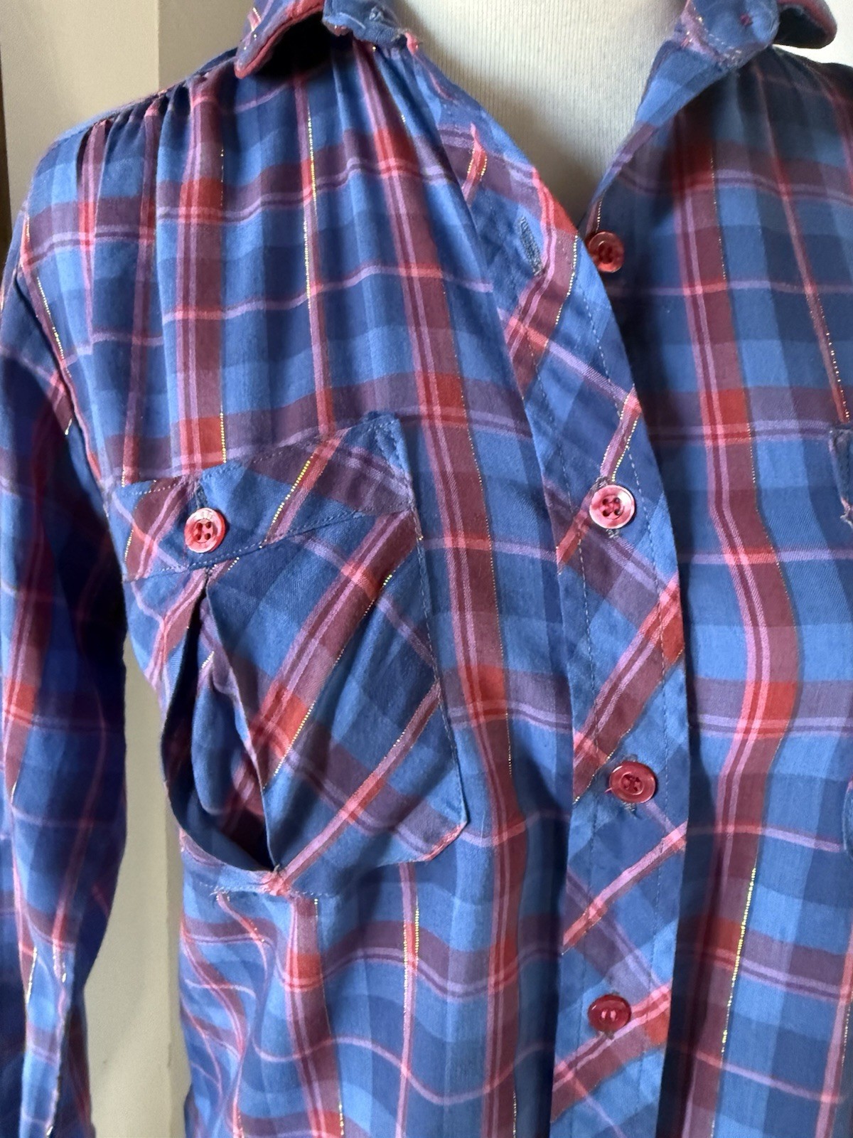 Vintage 70s/80s Button Up Blouse Plaid Size 32/small