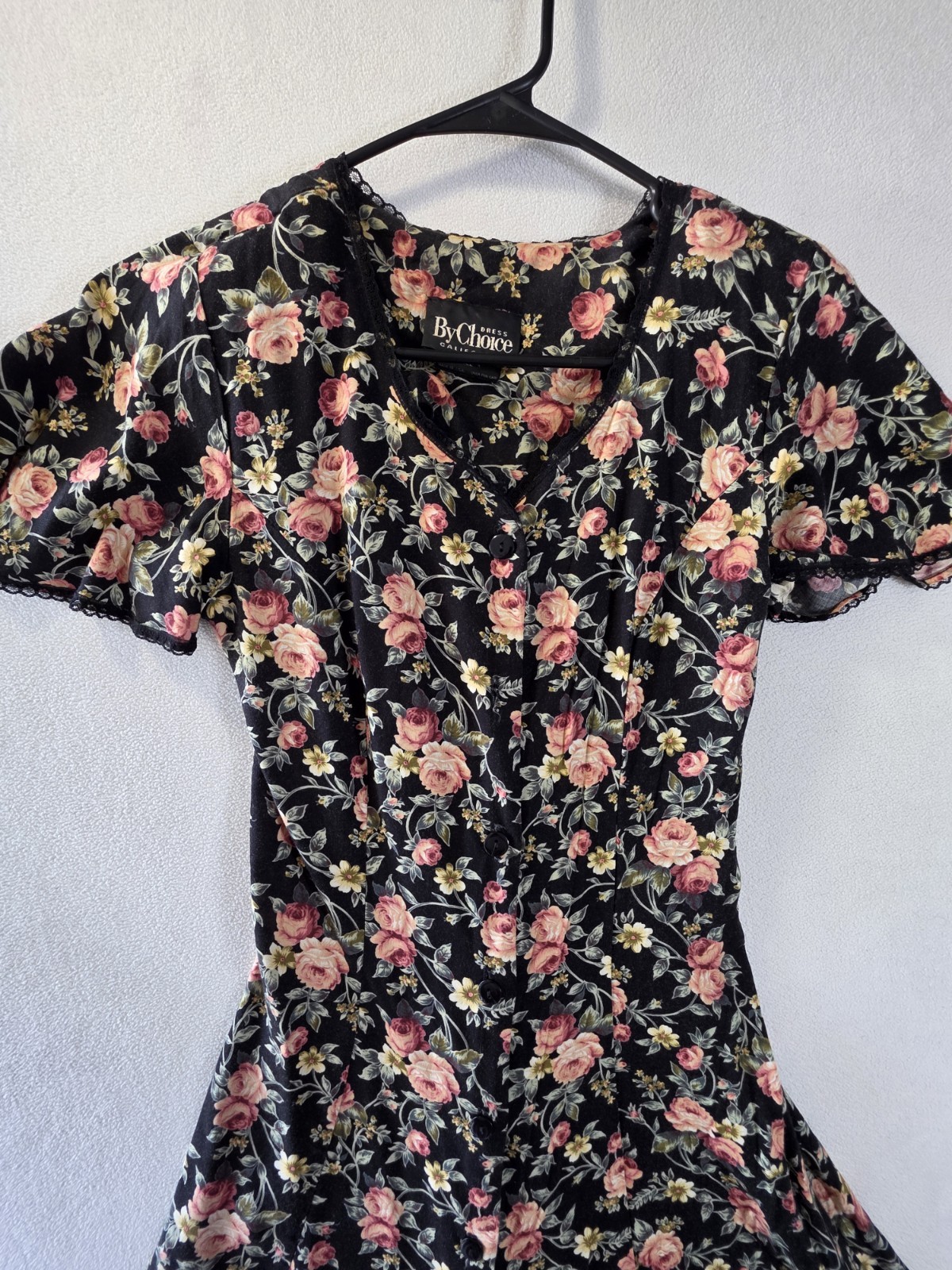 Size XS- Vintage 90s By Choice California Floral Rayon Dress Black Rose Mini