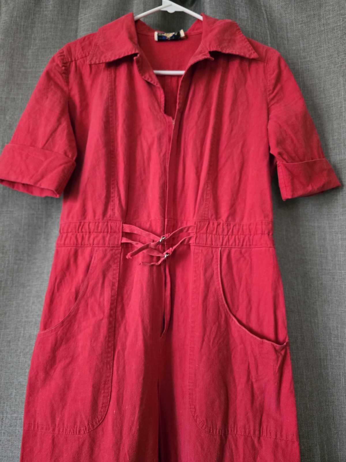 Vtg 80s Jazzie Red Utility Style Short Sleeve Jumpsuit Size 12 Red Wide Leg