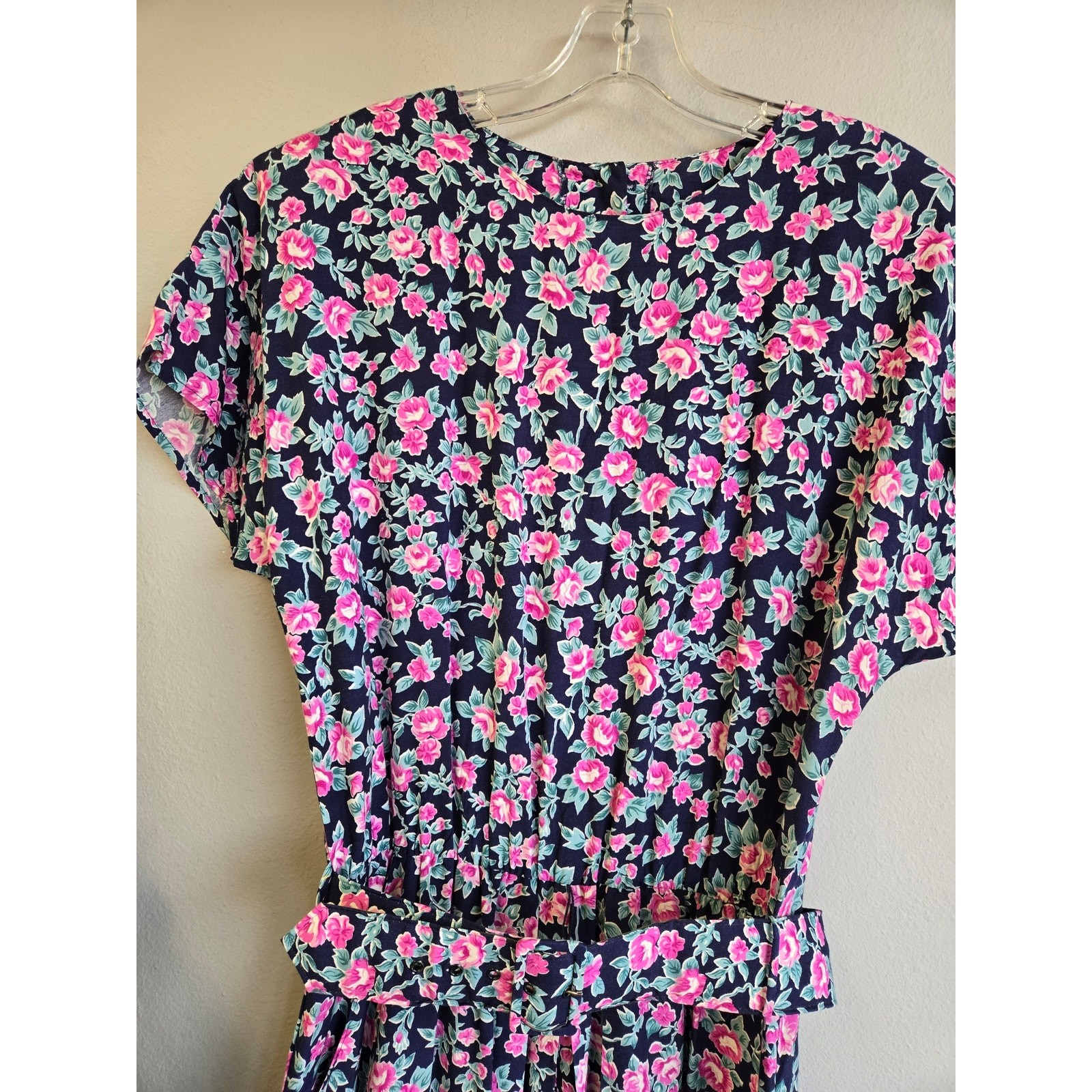 Paquette Too! Floral Vintage 90s Rayon Belted Midi Dress Pink Navy Size 12