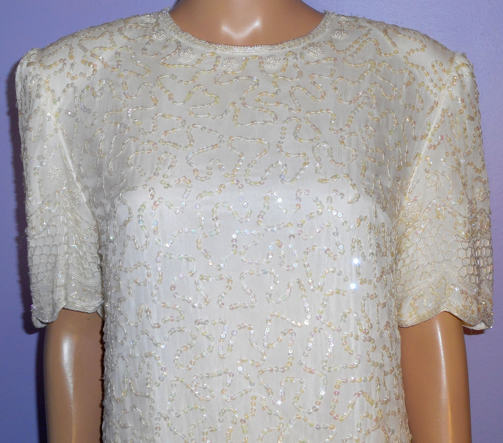 Vtg ‘80s Brilliante Winter White 100% Silk Sequined & Beaded Party Dress, L