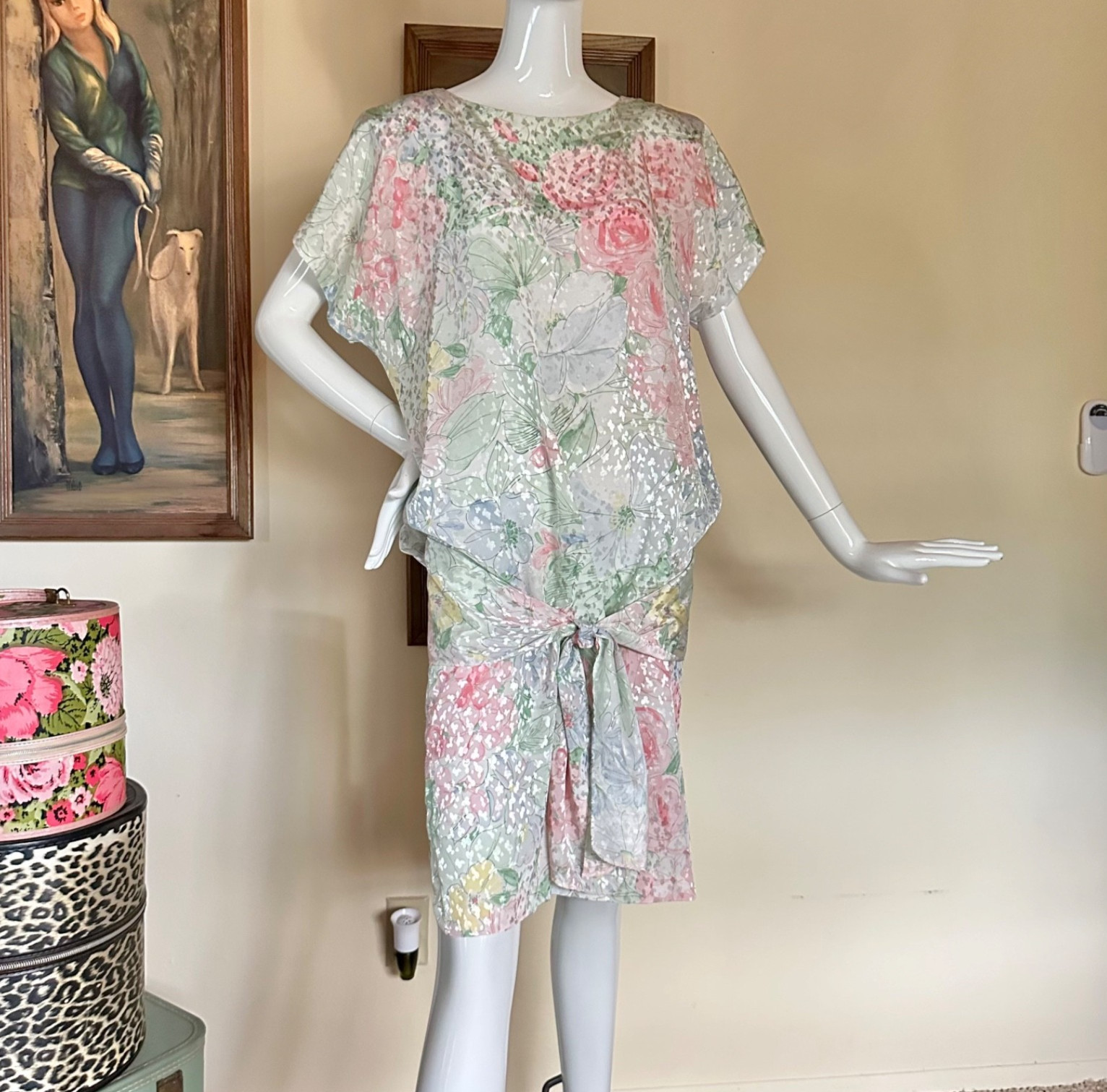 Vintage 1980s Pastel Contempo Casuals New Wave Floral Blouson Day Dress S/M