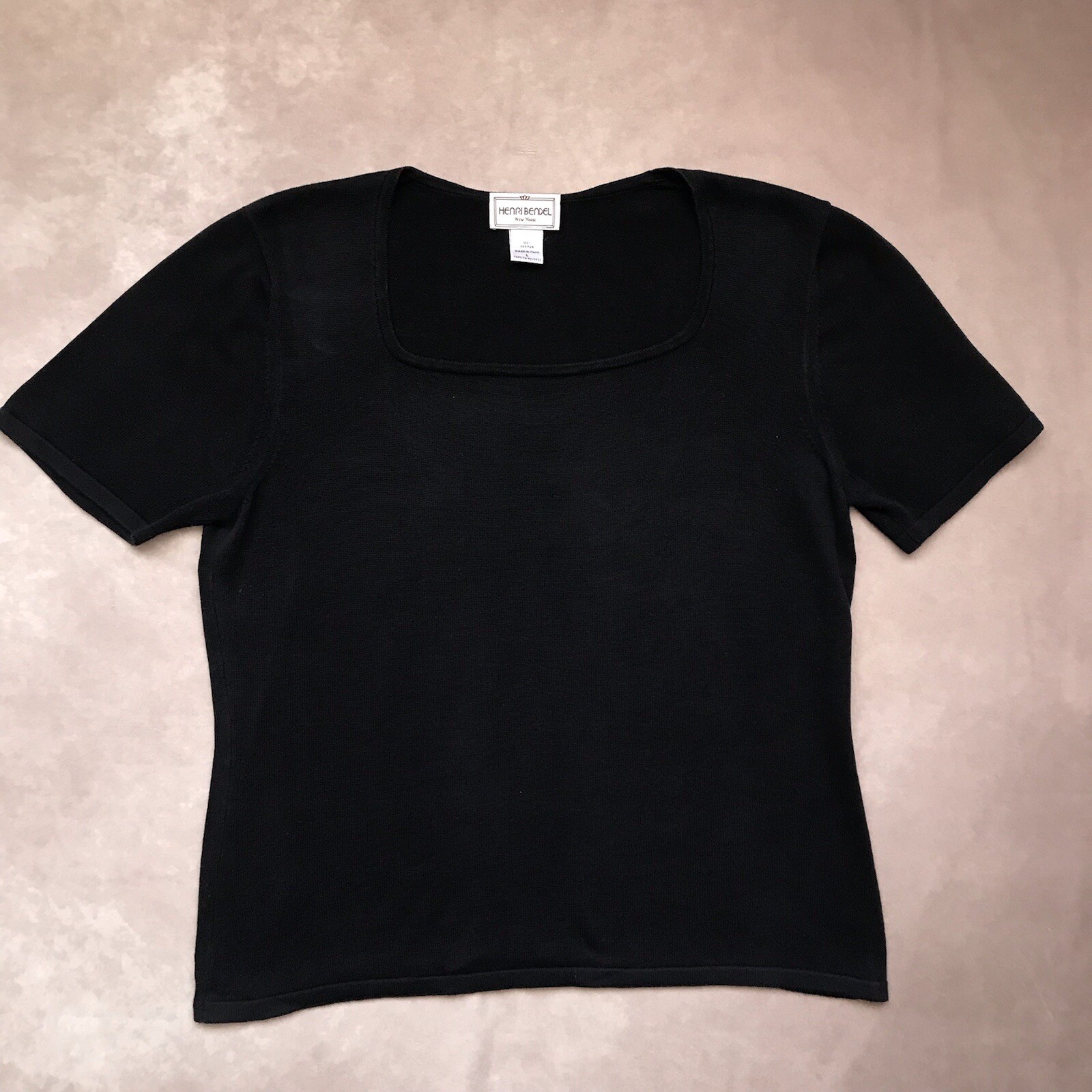Vintage Henri Bendel New York 100% Cotton Black Square Neck Knit Top Made Italy