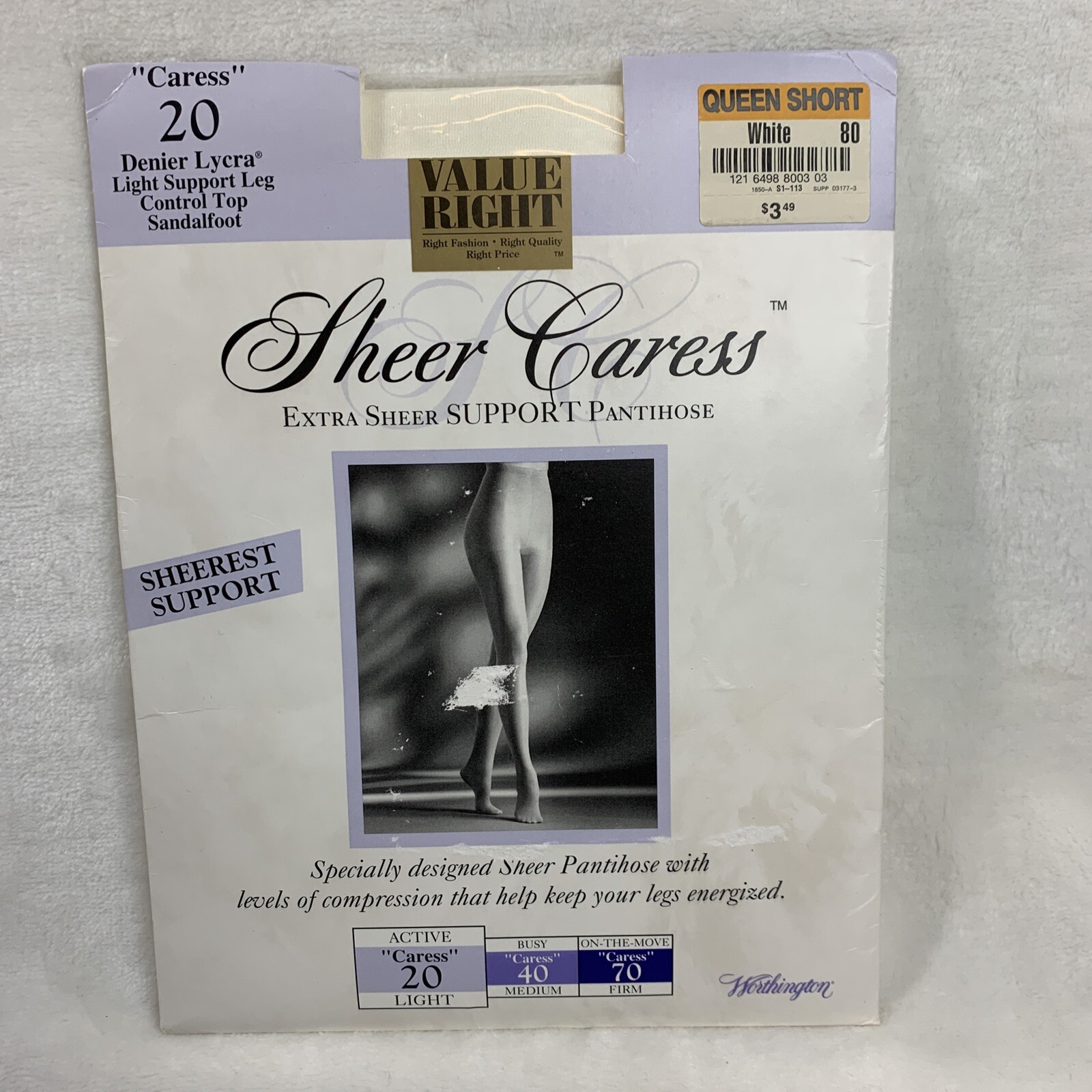 Vtg Worthington Extra Sheer Caress Queen Short White Active 20 Light Pantyhose