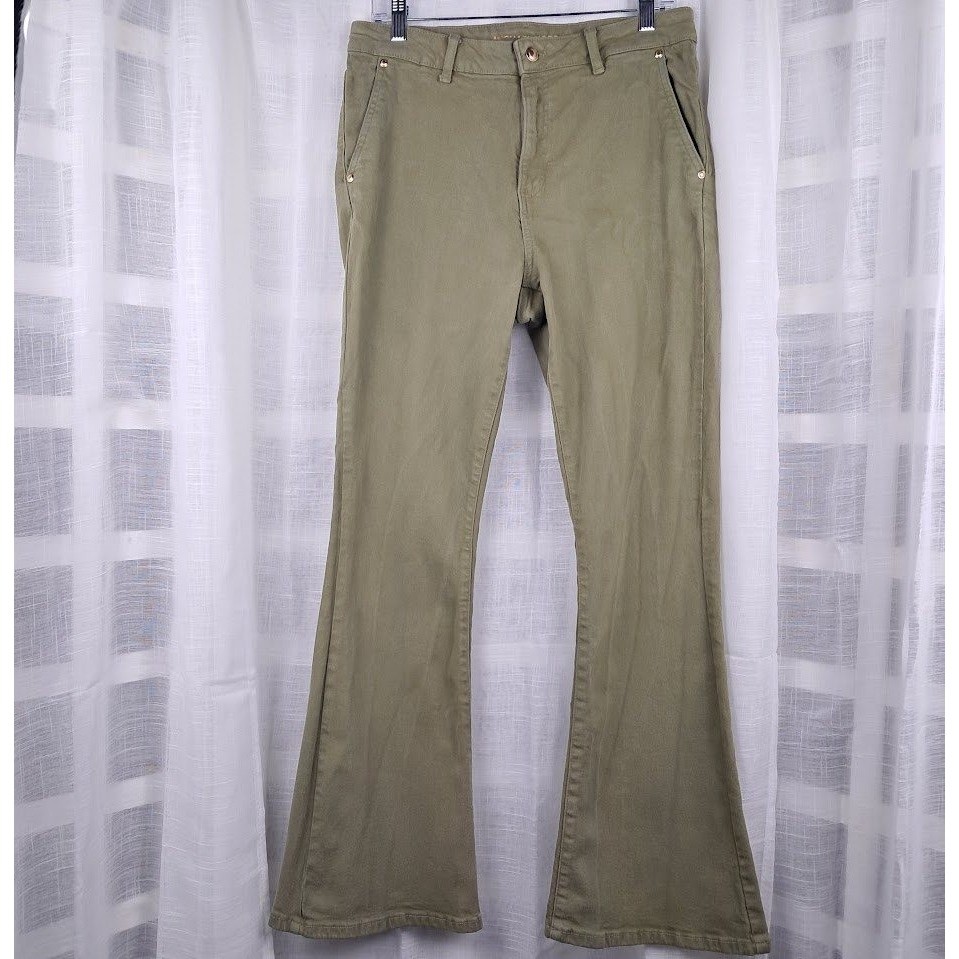 Michael Kors 10 High Rise Selma Flare Jeans Olive Green Stretch Retro 70s-Style