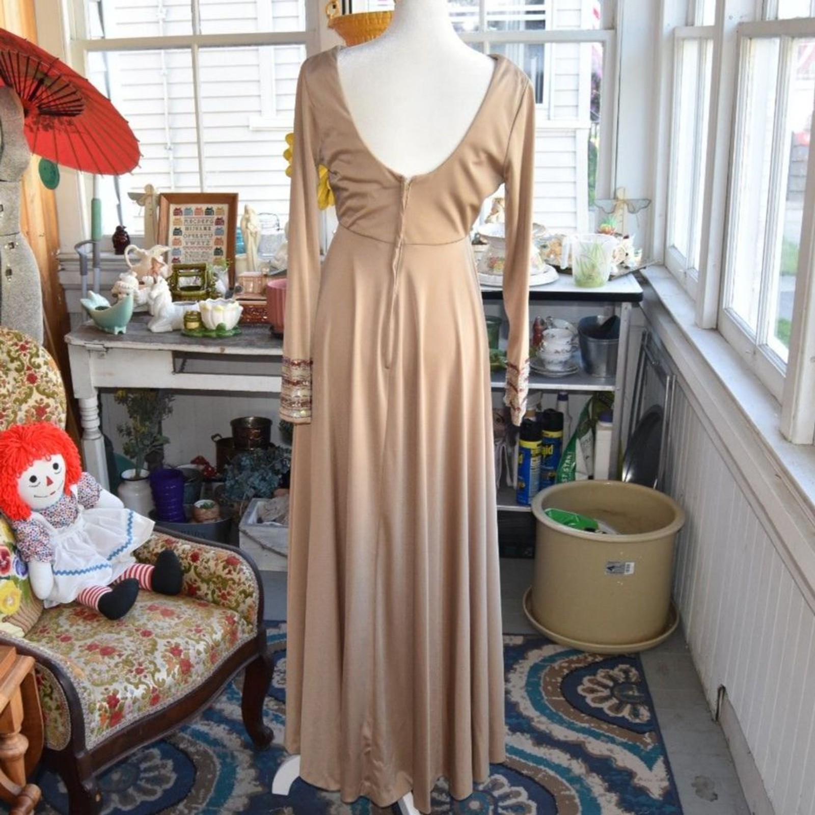 Vintage 70s Kay Kipps Hostess Gown Champagne Maxi Dress Scoop Back Size Small