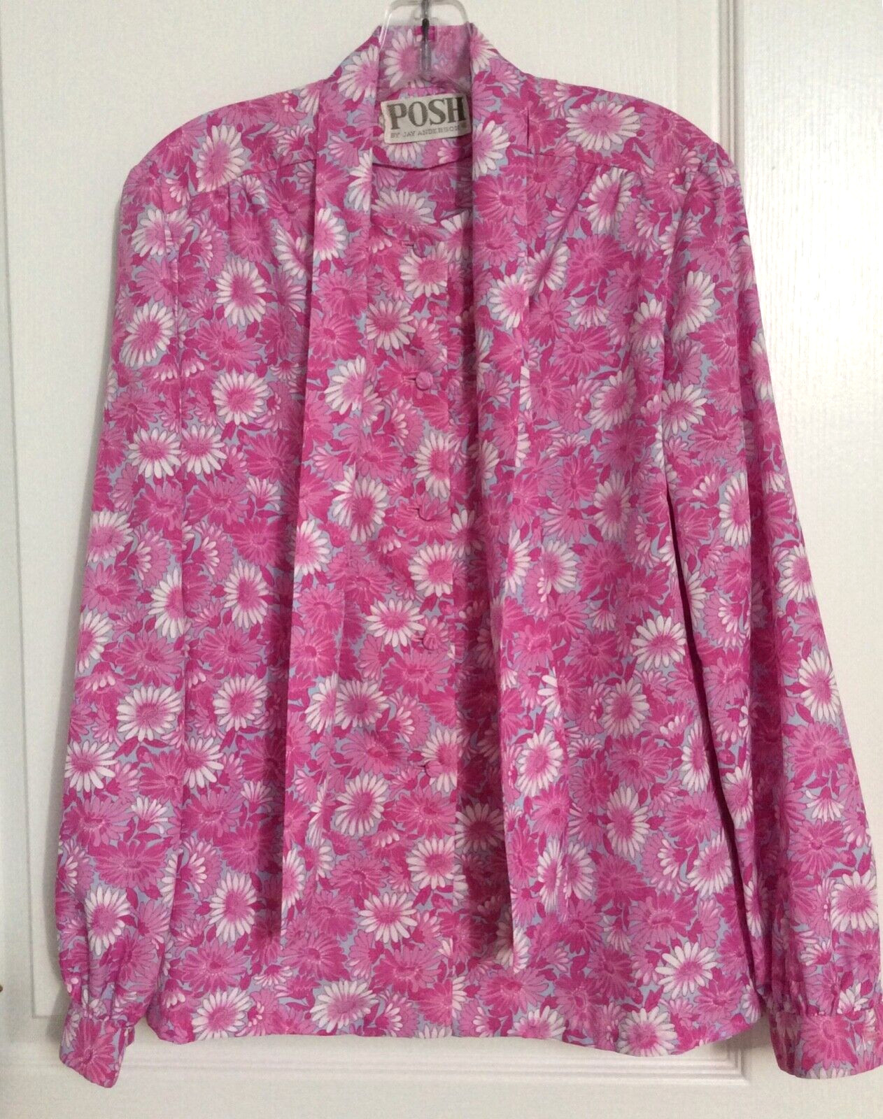 Vintage Posh Jay Anderson Pink Floral Long Sleeve Button Up Secretary Blouse M