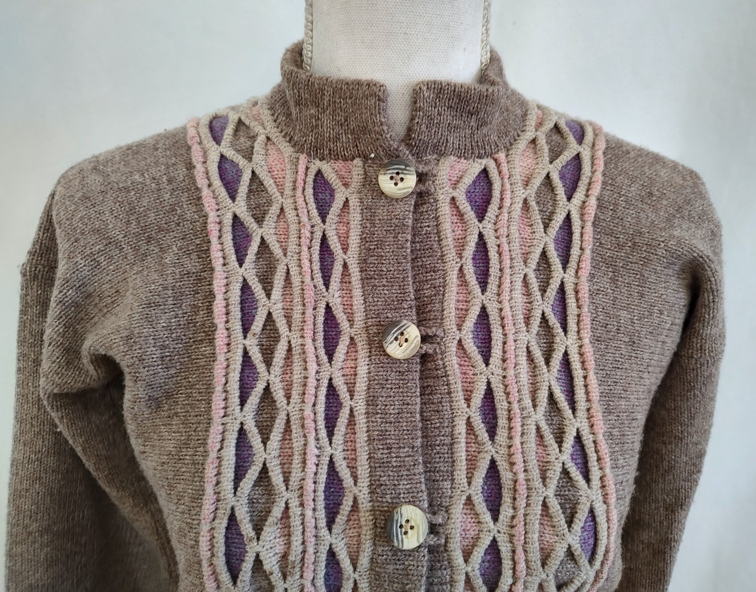 Vintage 60’s Angie Dix Sweater Cardigan 100% New Wool Fancy Knit Rose Gray Small
